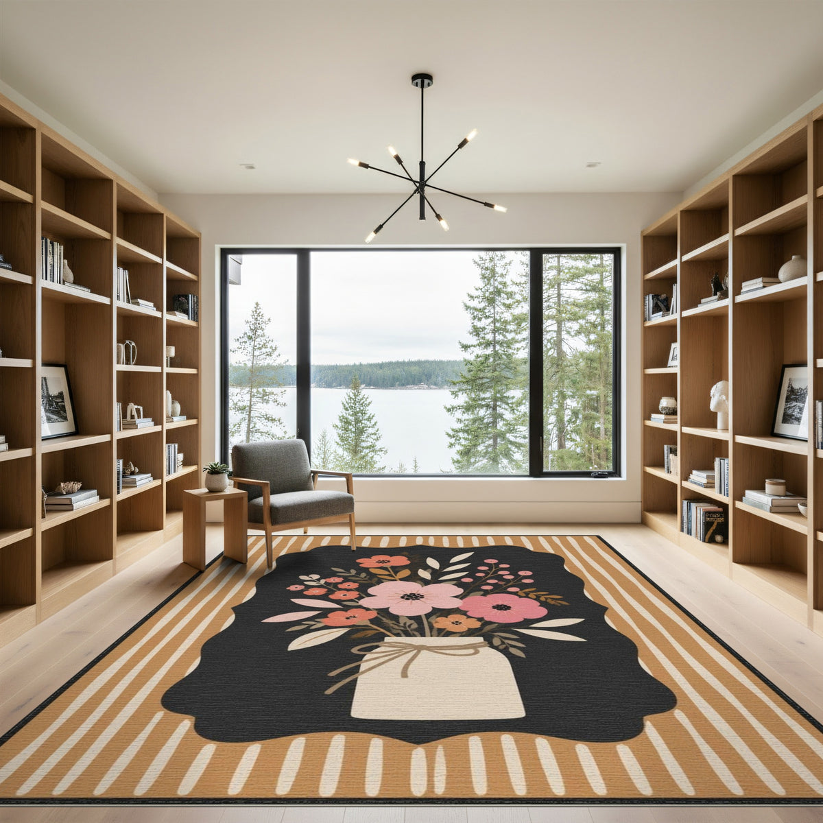 Brown Tan Floral Vase Area Rug