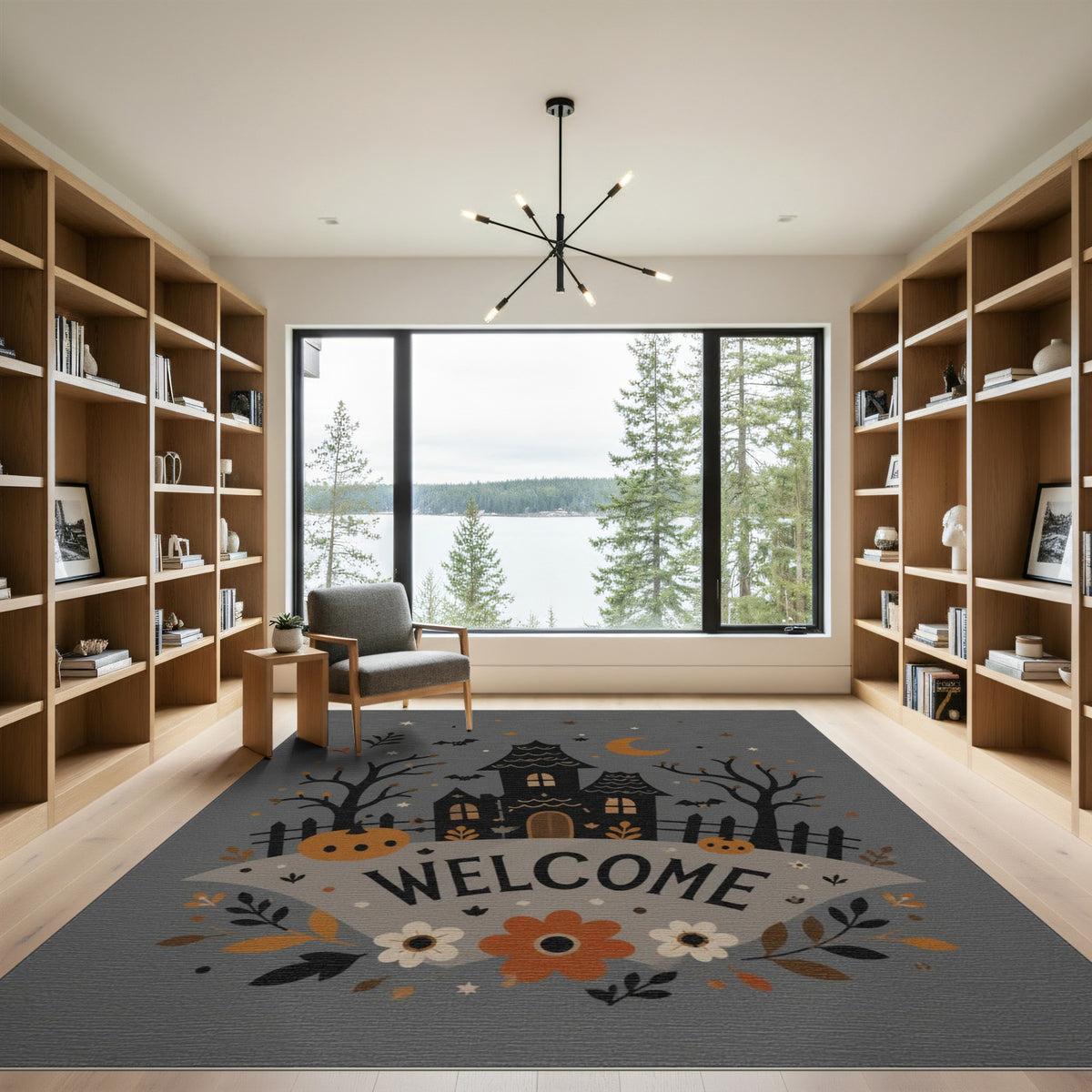 Halloween Haunted House Welcome Grey Rug