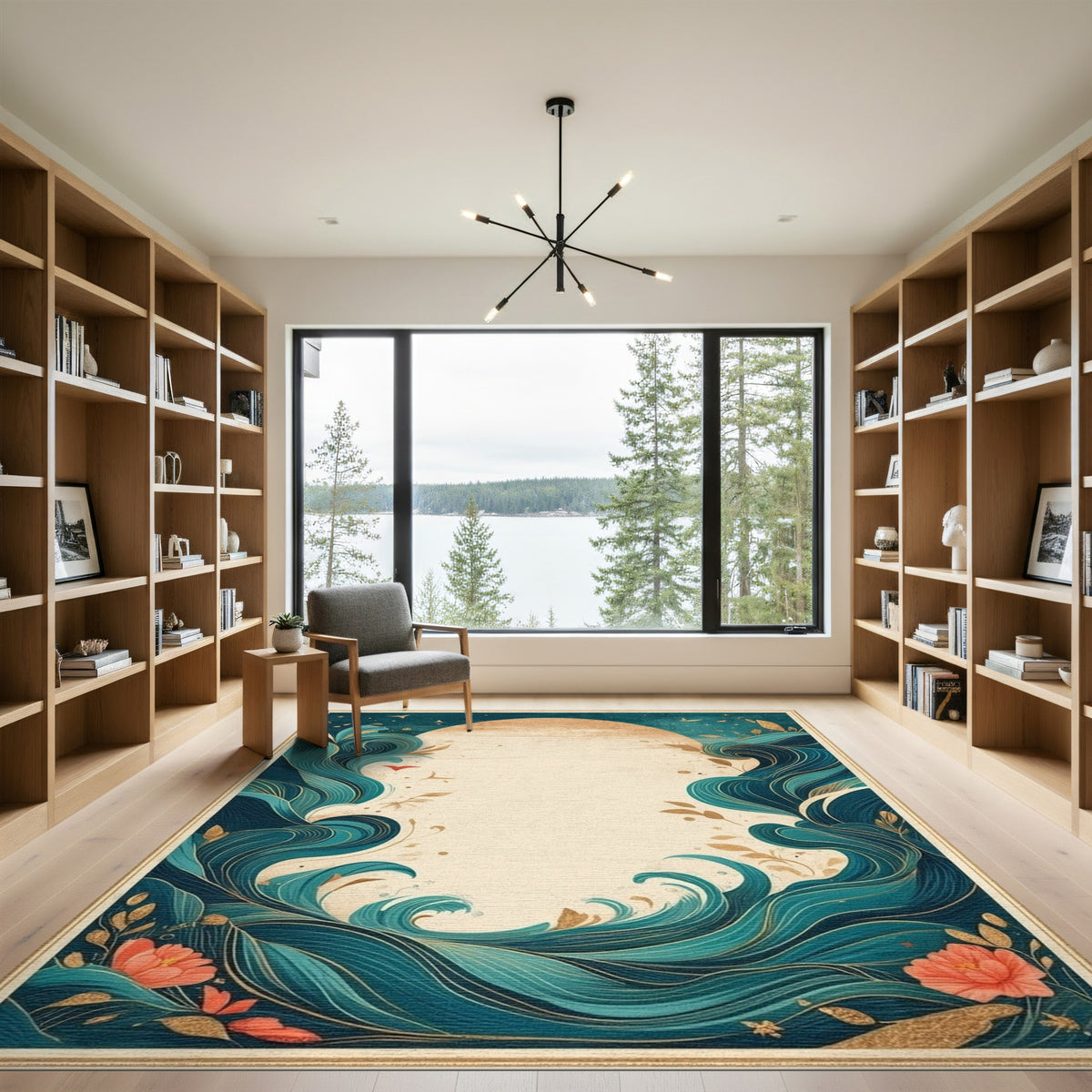 Teal Wave Coastal Floral Area Rug