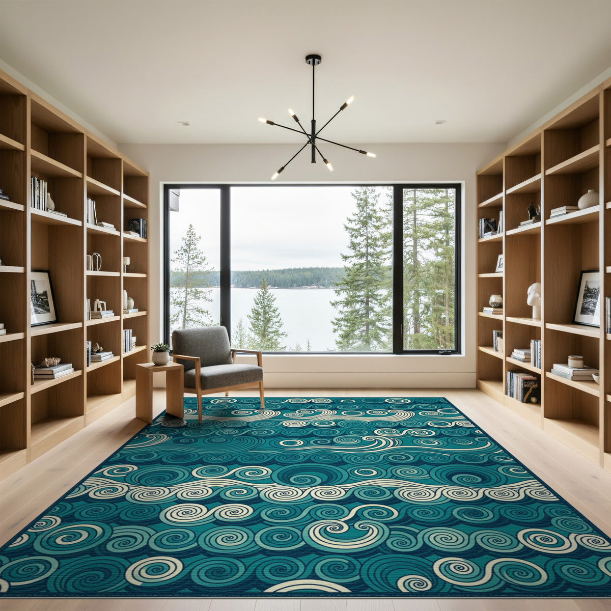 Blue Teal Swirling Waves Area Rug