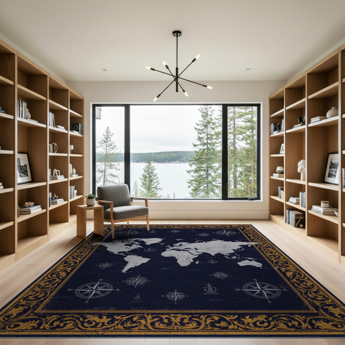 Navy Vintage World Map Rug with Gold Border