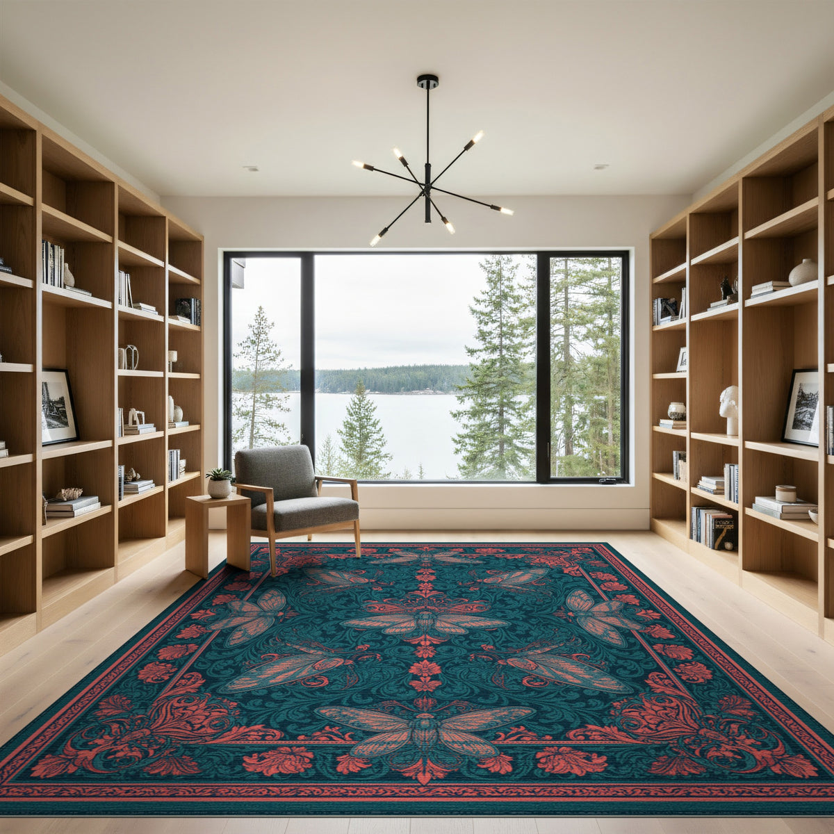 Teal Moth Floral Vintage Area Rug