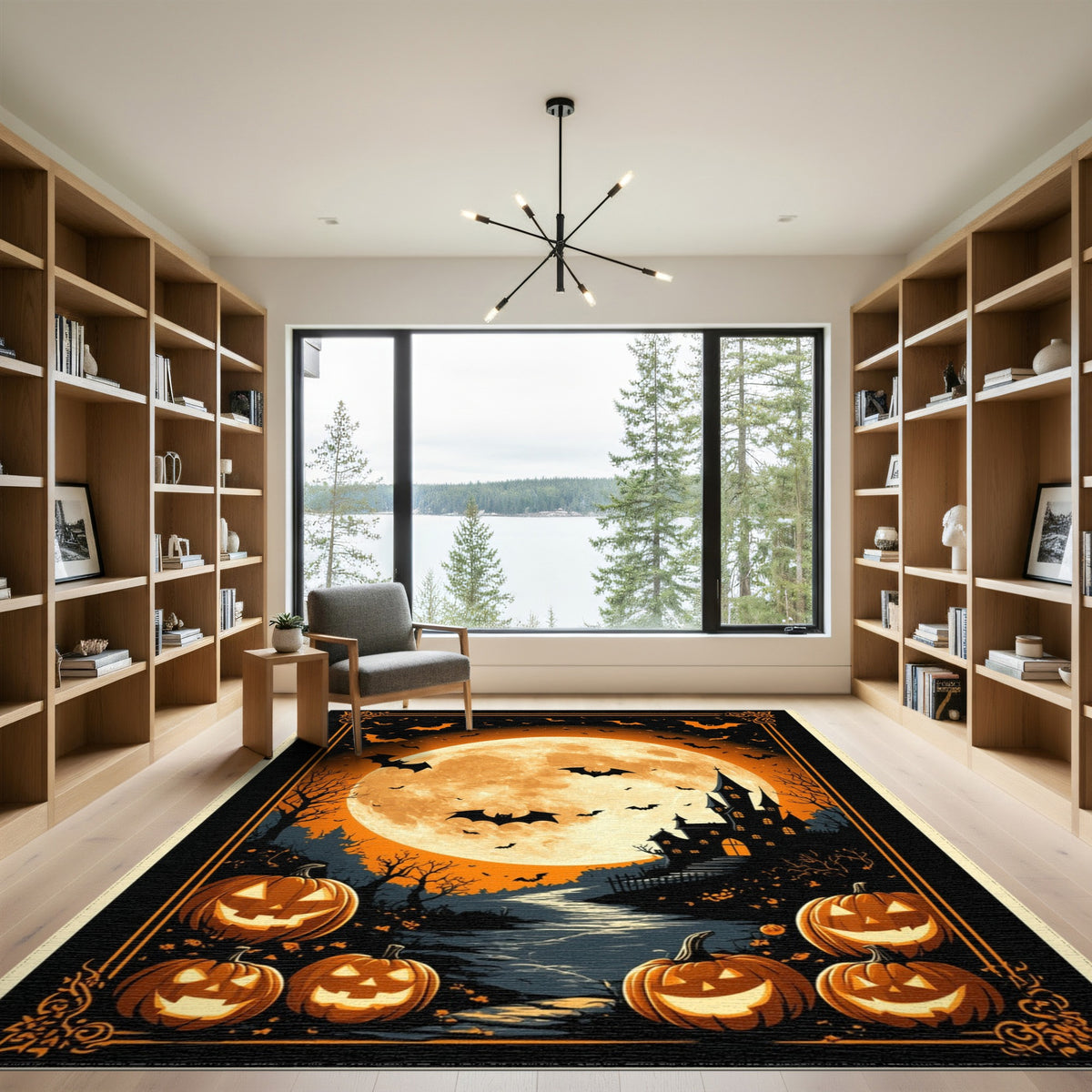 Orange Spooky Halloween Castle Area Rug