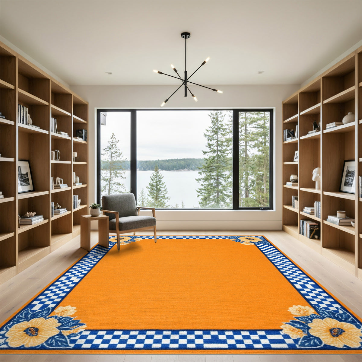 Orange Floral Checkered Area Rug