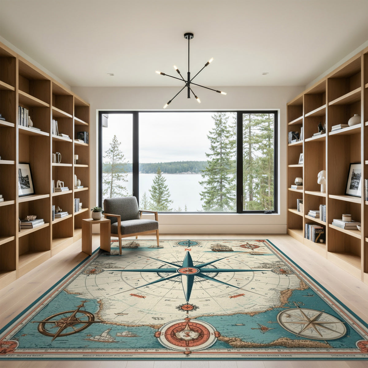 Vintage Nautical Compass Blue and Teal Area Rug