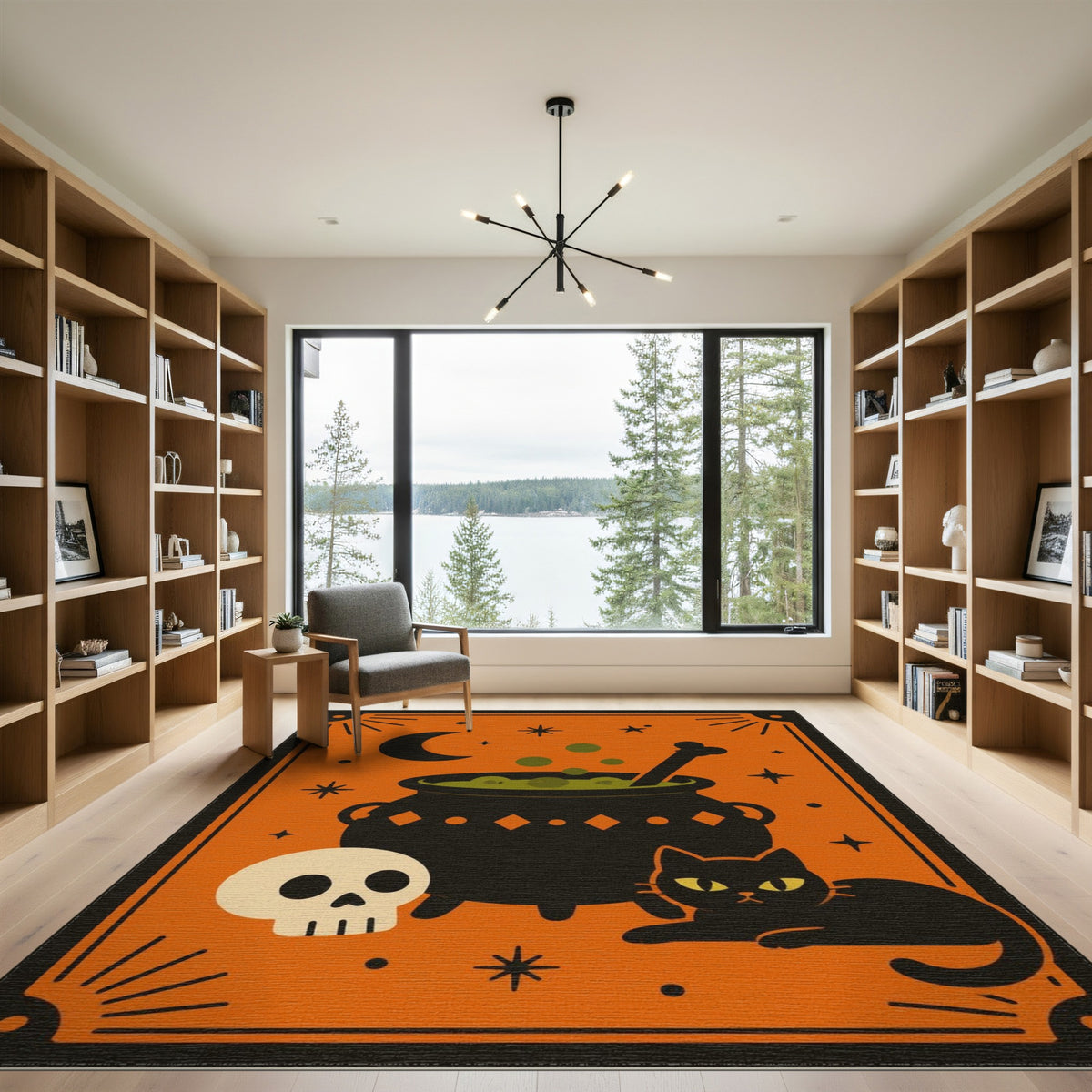 Halloween Cauldron Black Cat Orange Area Rug