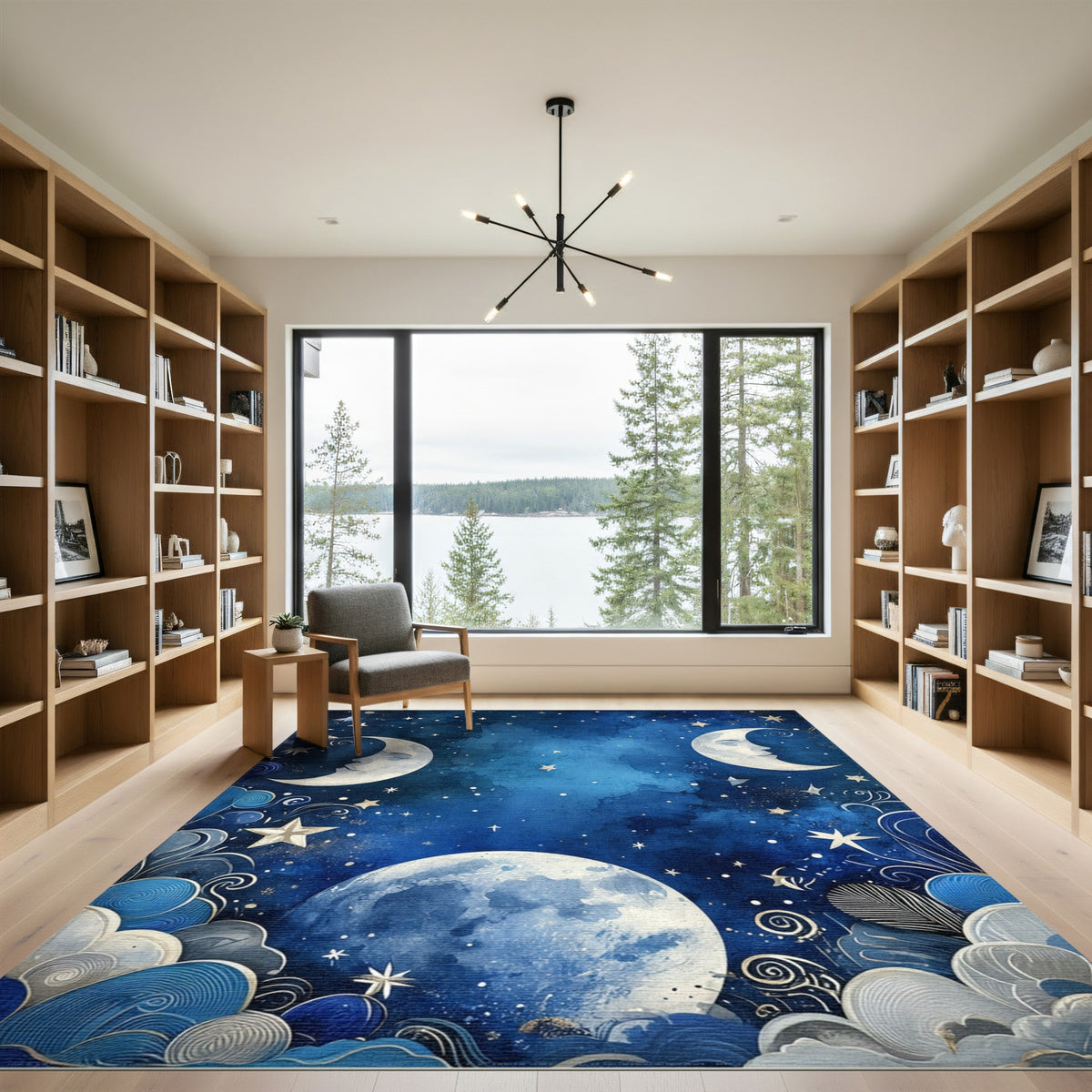 Celestial Moonlit Sky Blue Area Rug