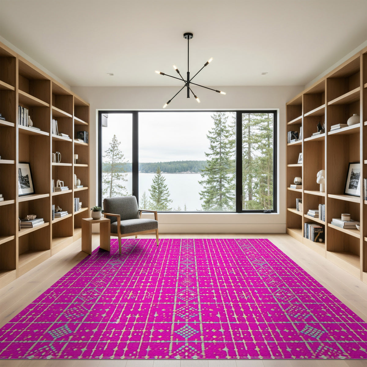 Vibrant Pink Geometric Grid Pink Area Rug