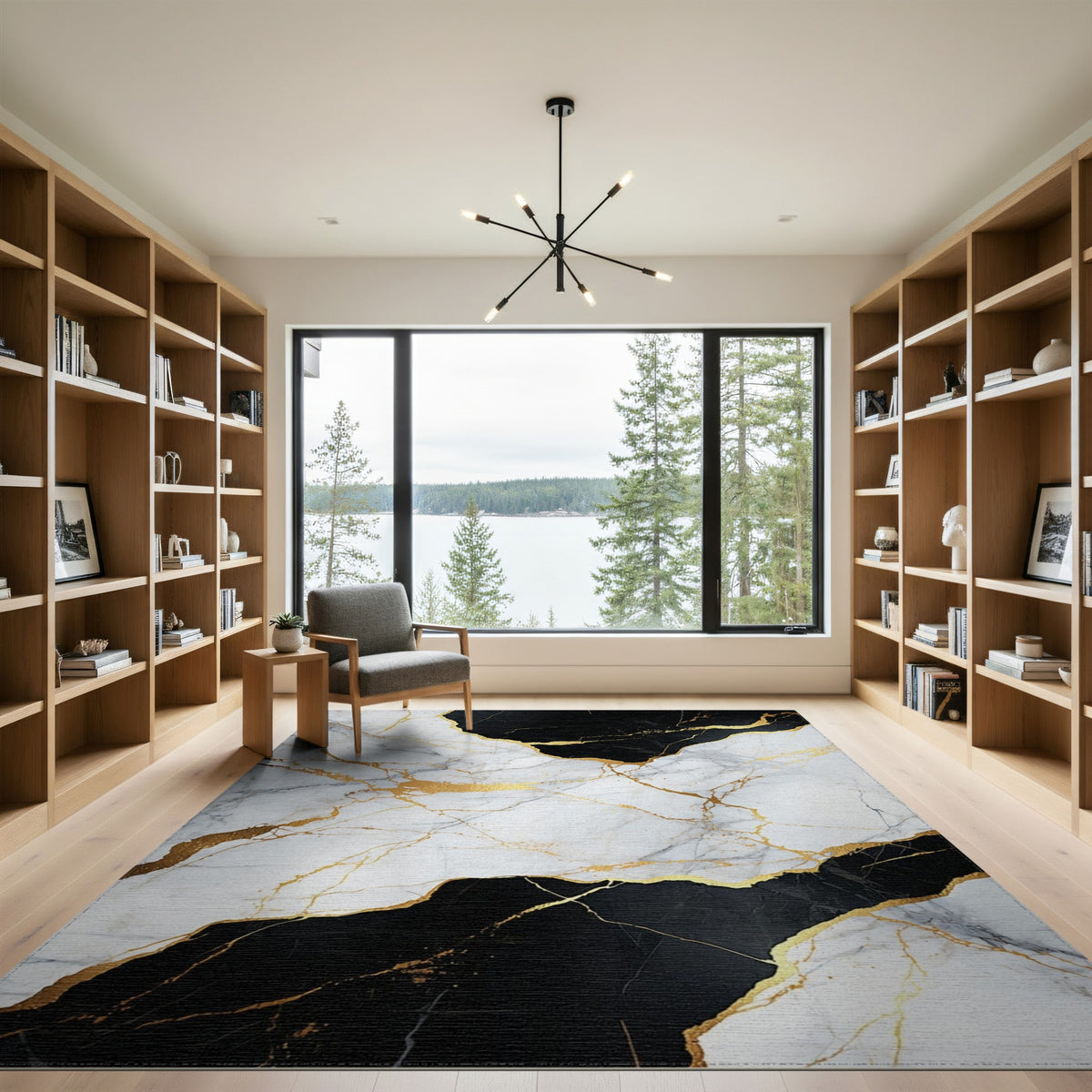 Abstract Area Black White Marble Gold Area Rug