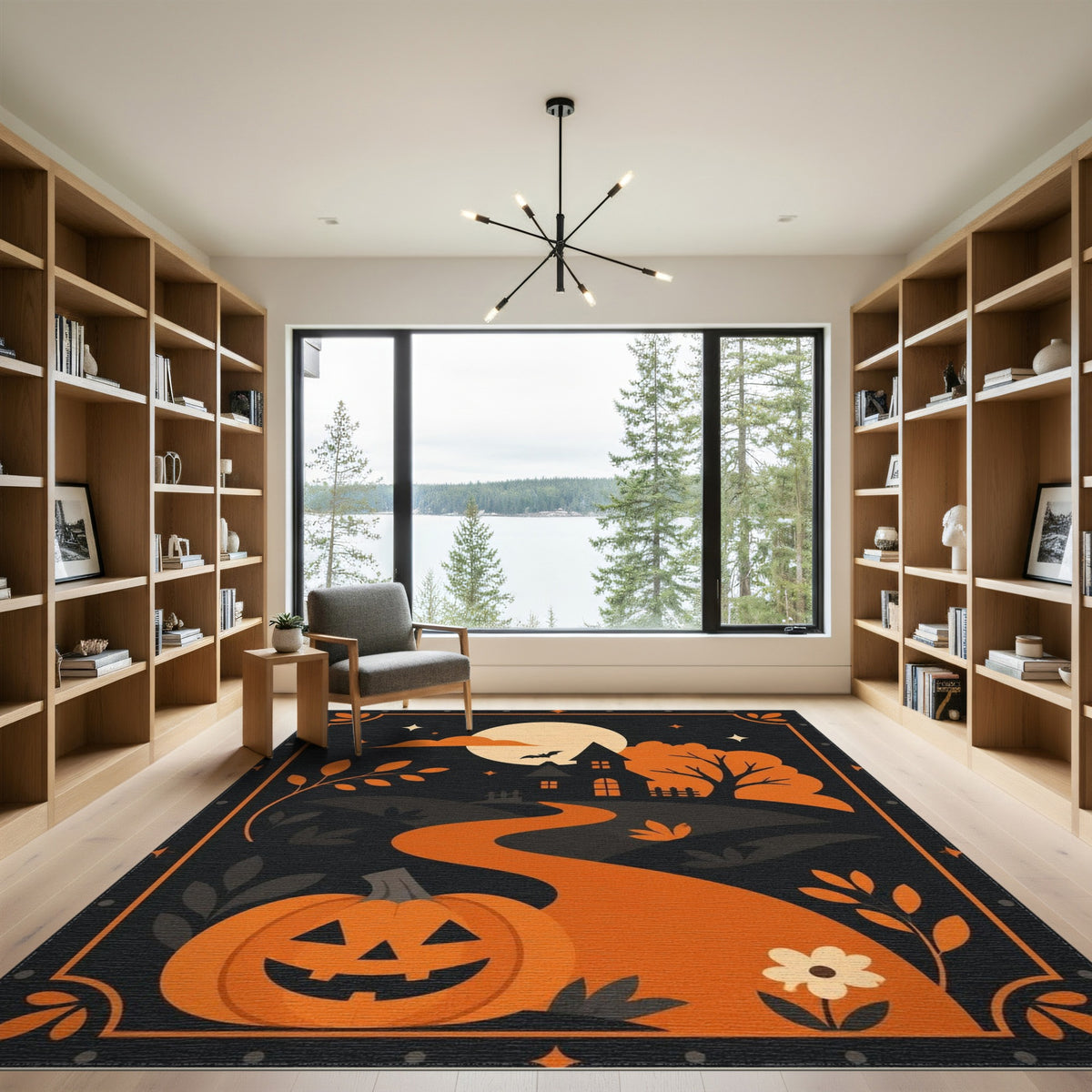 Orange Halloween Pumpkin Haunted House Kids Area Rug