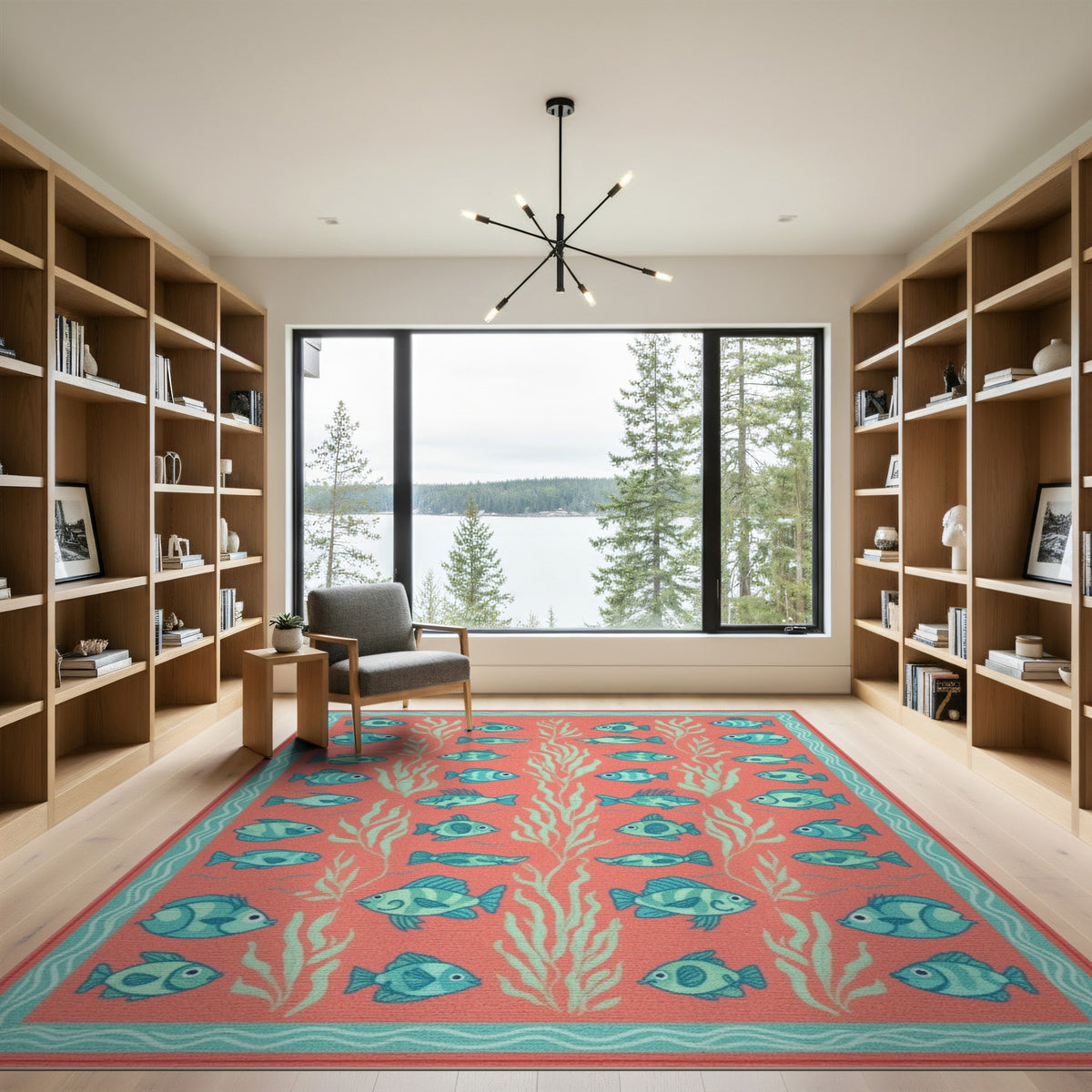 Blue Fish Coral Washable Area Rug