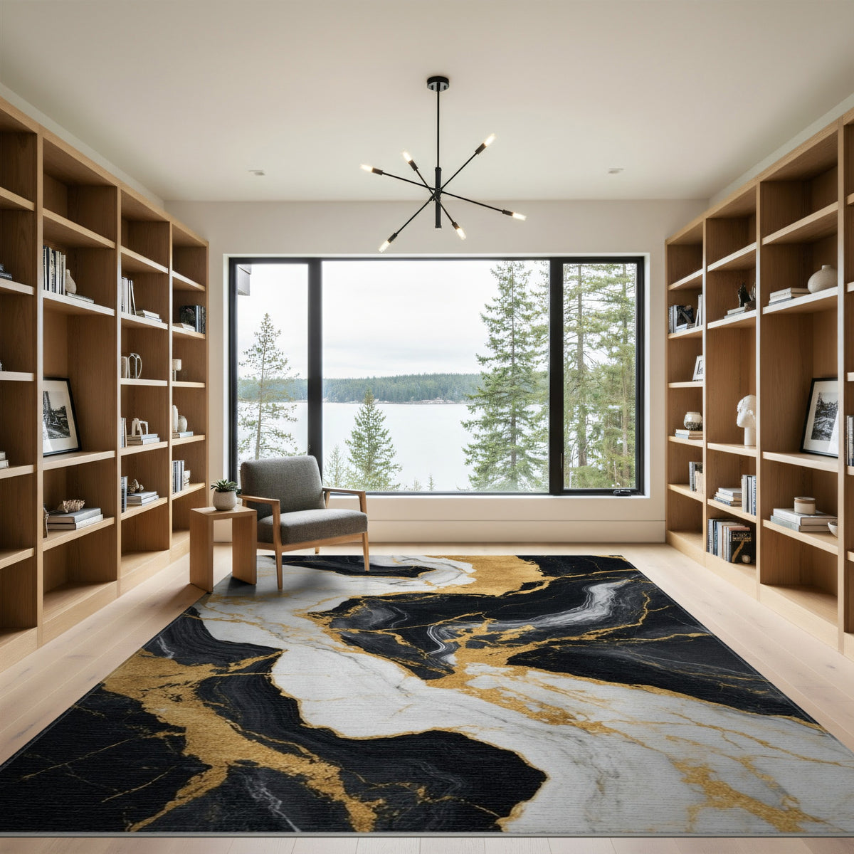 Abstract Area Black and White Black White Gold Marble Area Rug