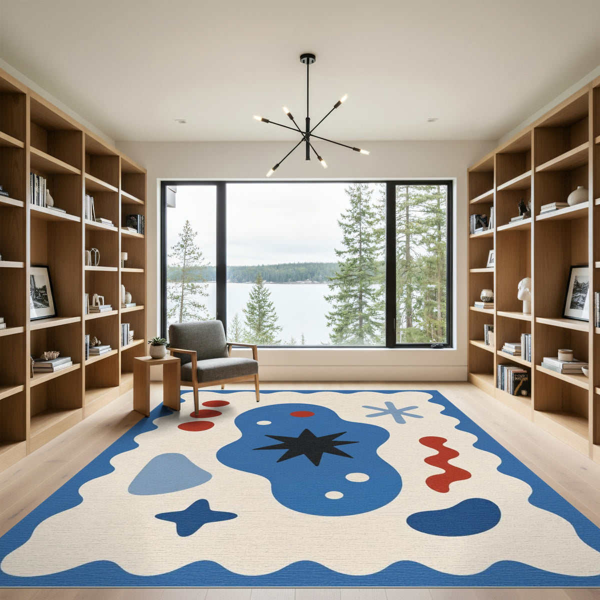 Abstract Blue Star Area Rug with Wavy Border