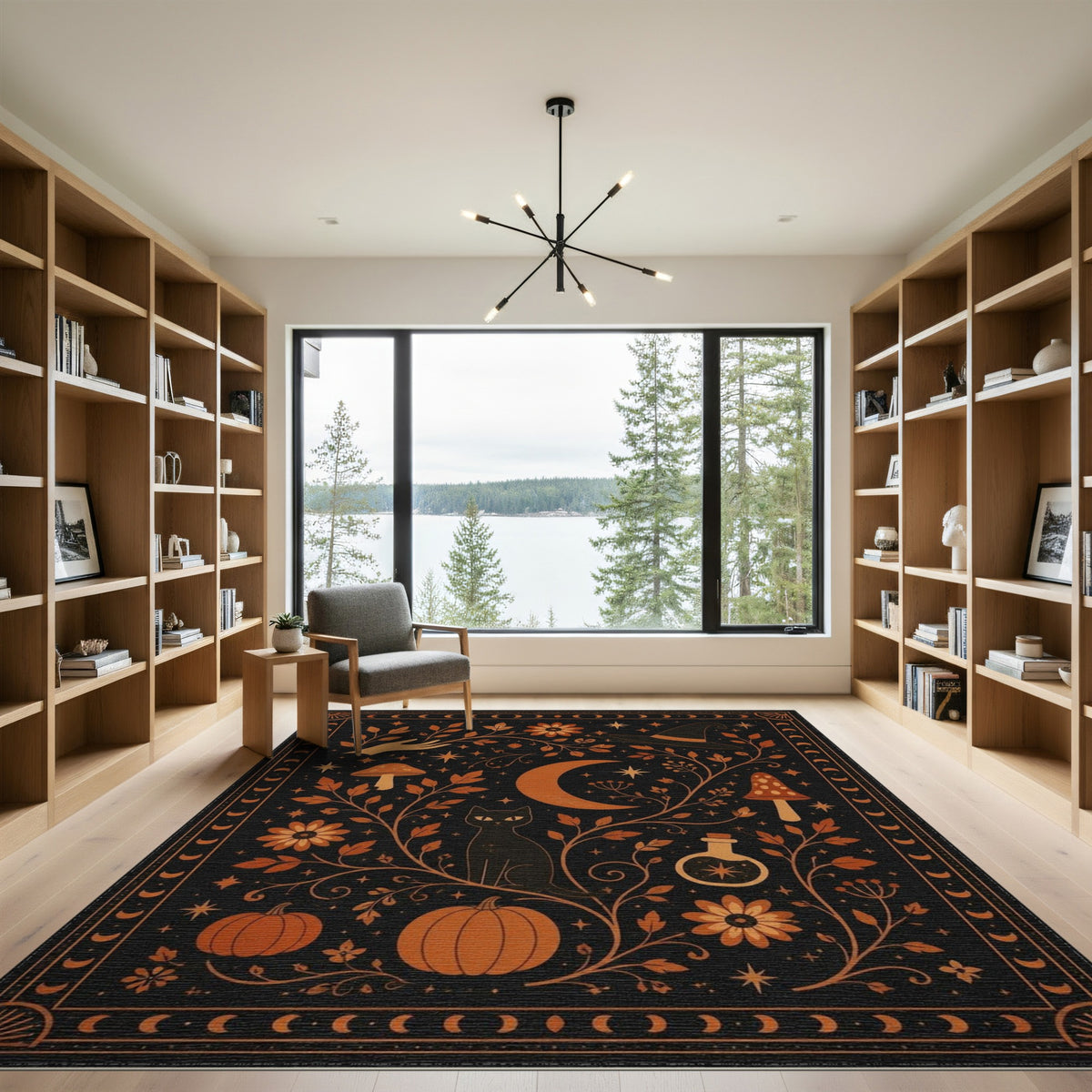 Orange Mystical Black Cat Moon Area Rug