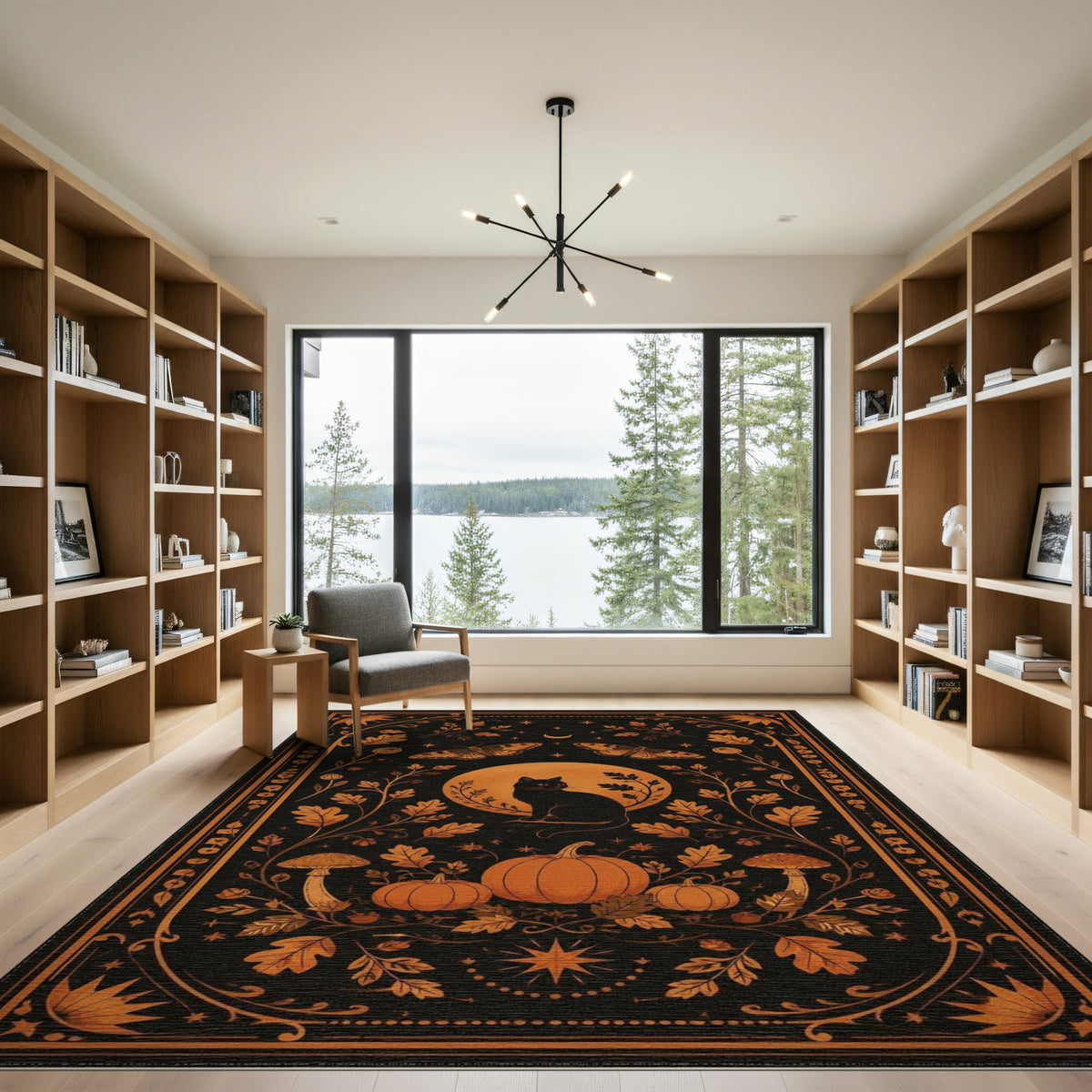 Mystical Black Cat Orange Moon Area Rug