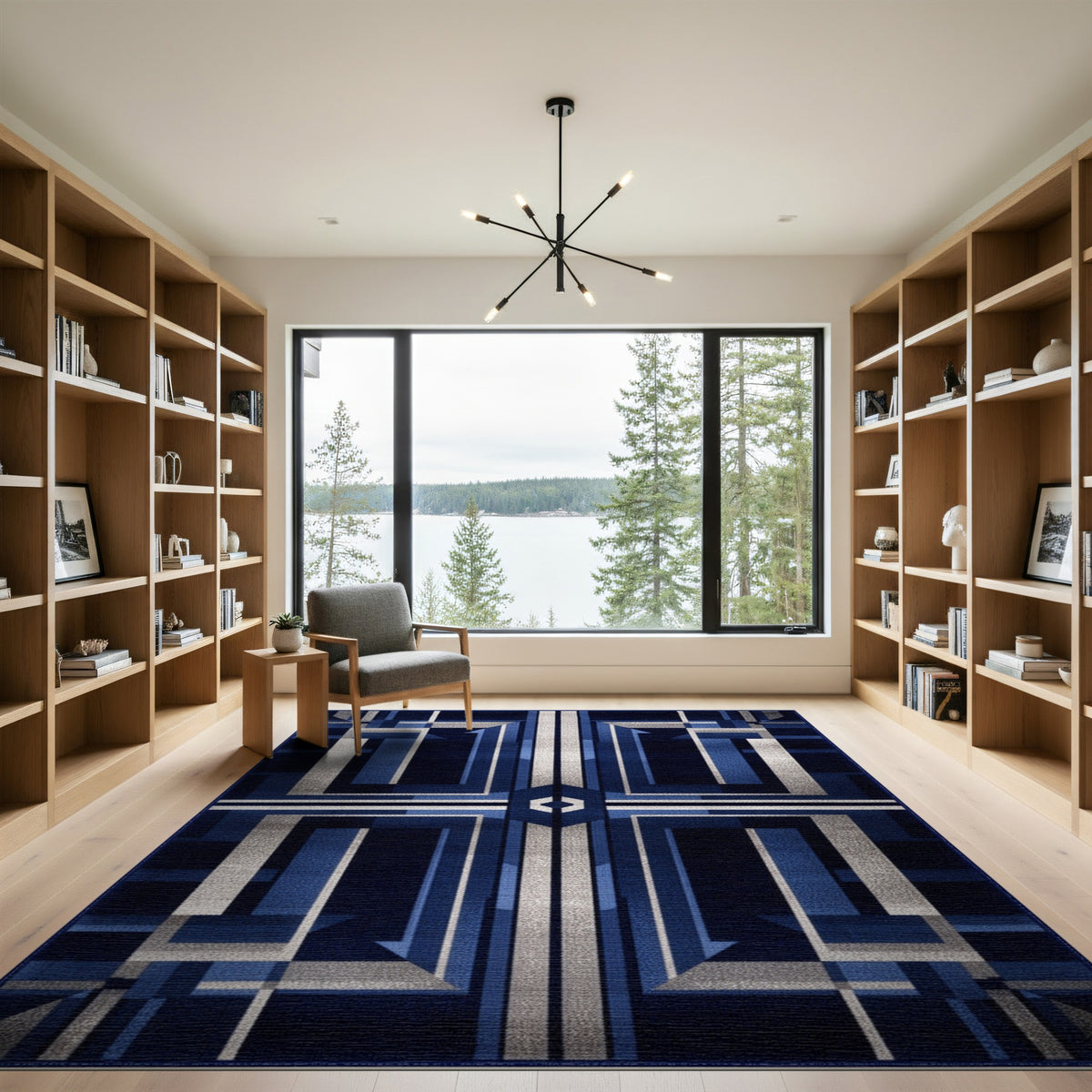 Navy Blue Silver Geometric Area Rug