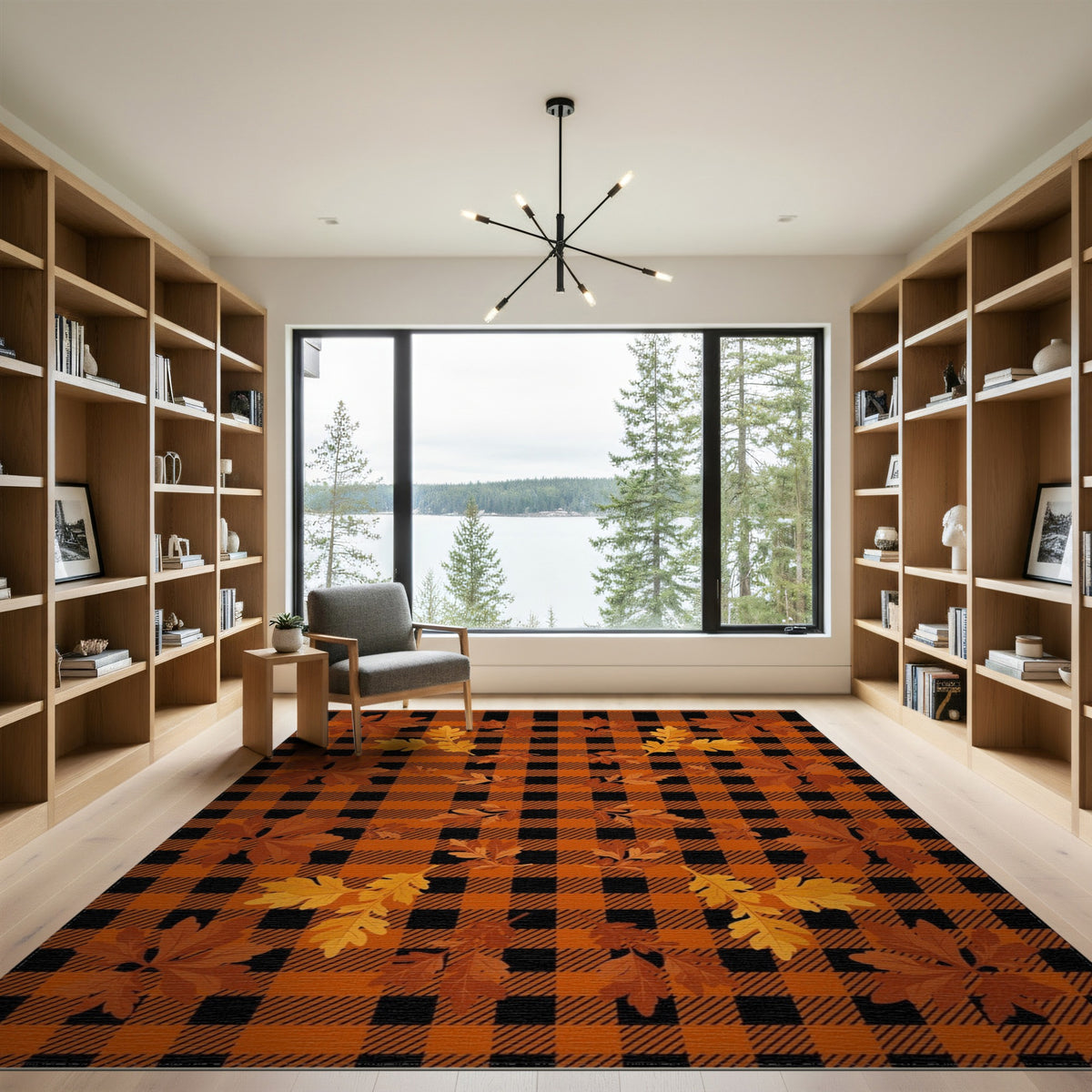 Orange Black Plaid Autumn Leaves Area Rug