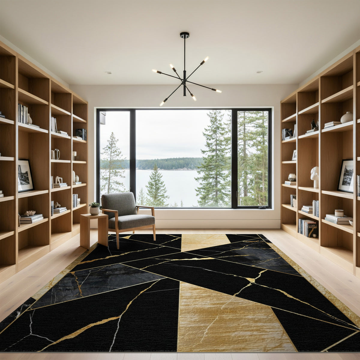 Black and White Black Gold Geometric Marble Area Rug