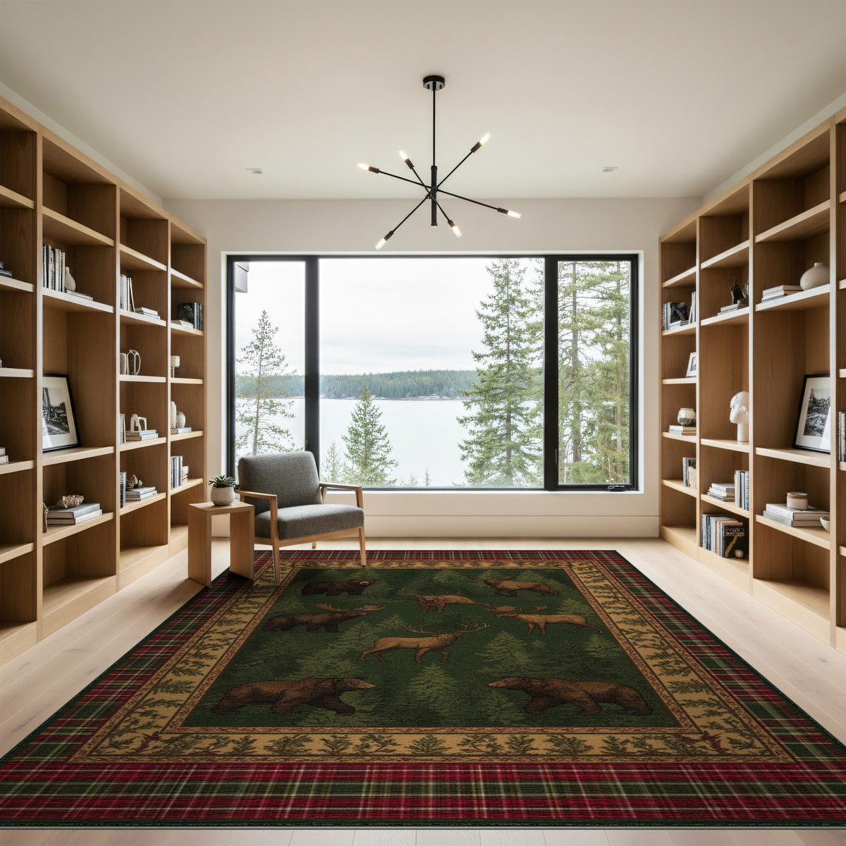 Rustic Bear Moose Forest Plaid Area Rug