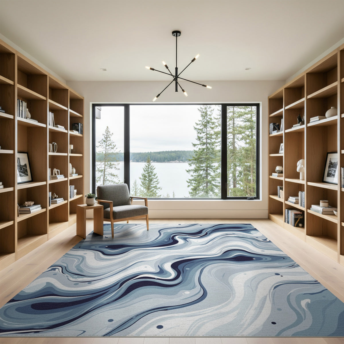 Blue and Teal Blue Swirl Marble Washable Area Rug