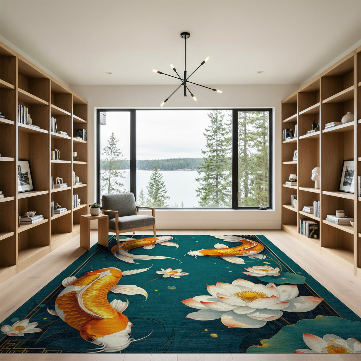 Floral Vintage Teal Koi Lotus Washable Area Rug