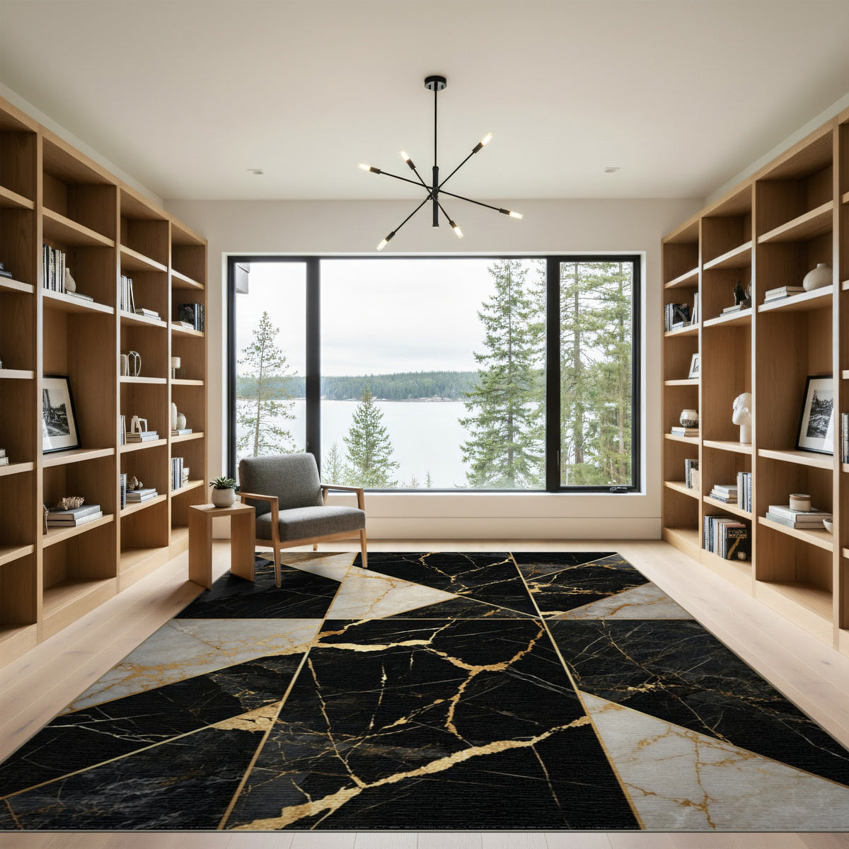Black Gold Geometric Marble Area Rug