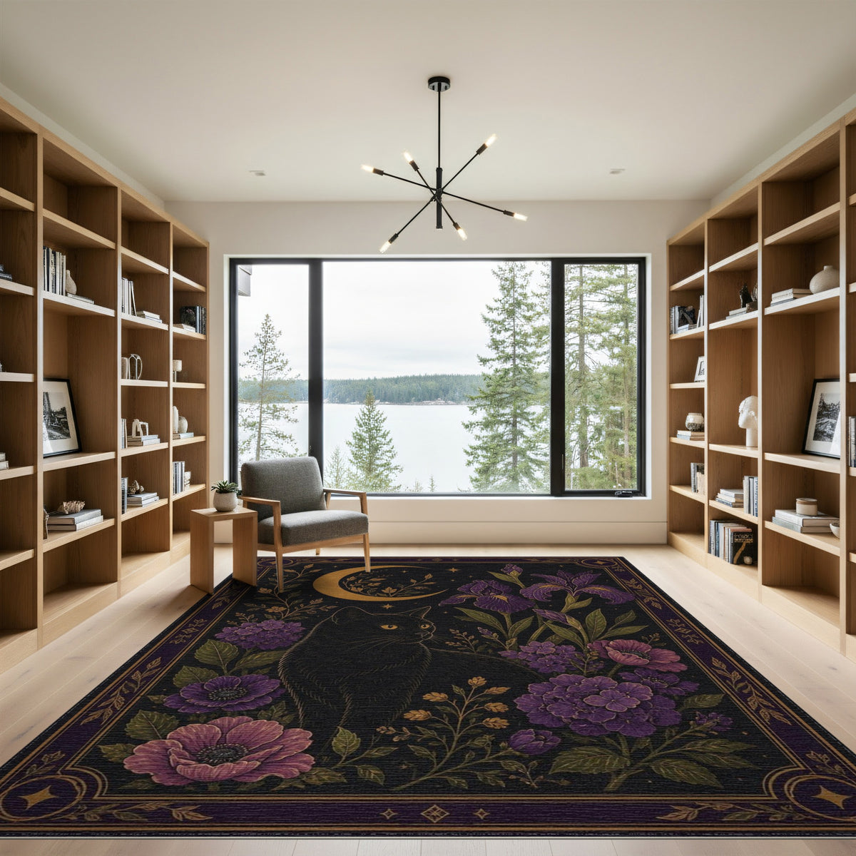 Mystical Black Cat Purple Floral Moon Area Rug