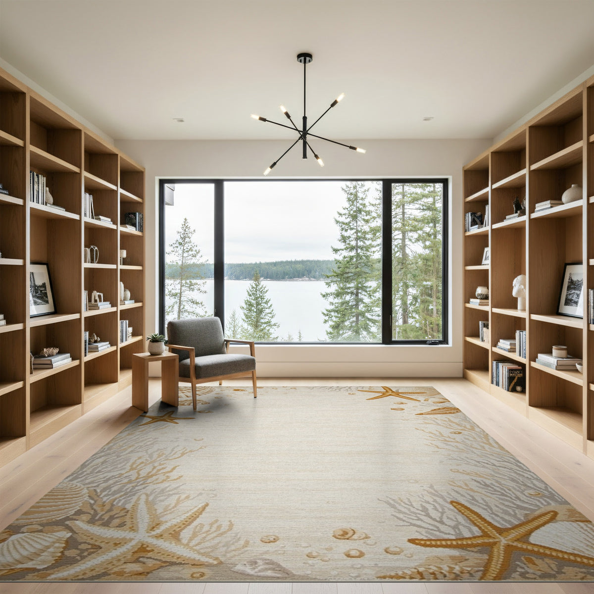 Beige and Neutral Beige Coastal Seashell Starfish Area Rug