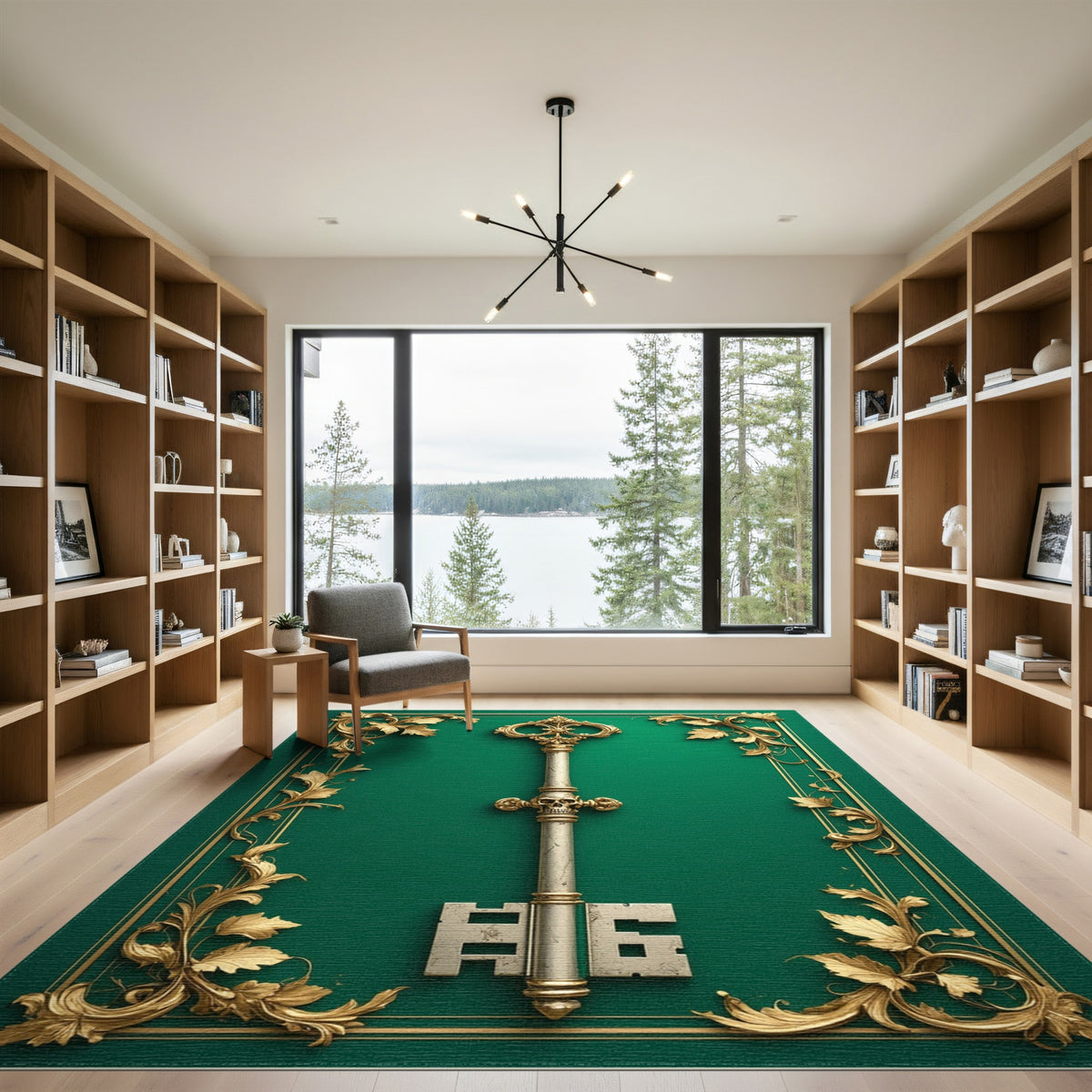 Ornate Gold Key Green Area Rug