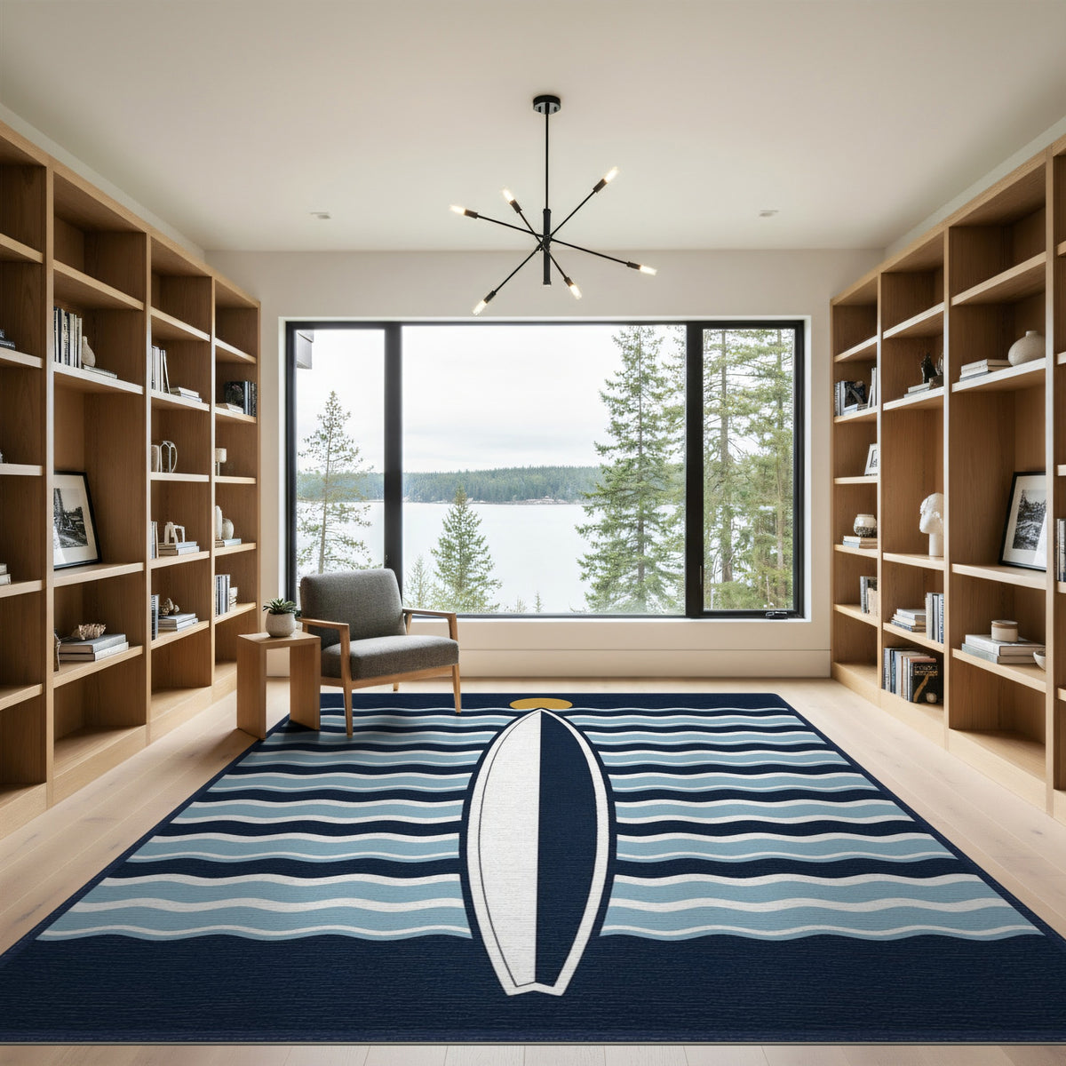 Coastal Surfboard Blue Waves Area Rug