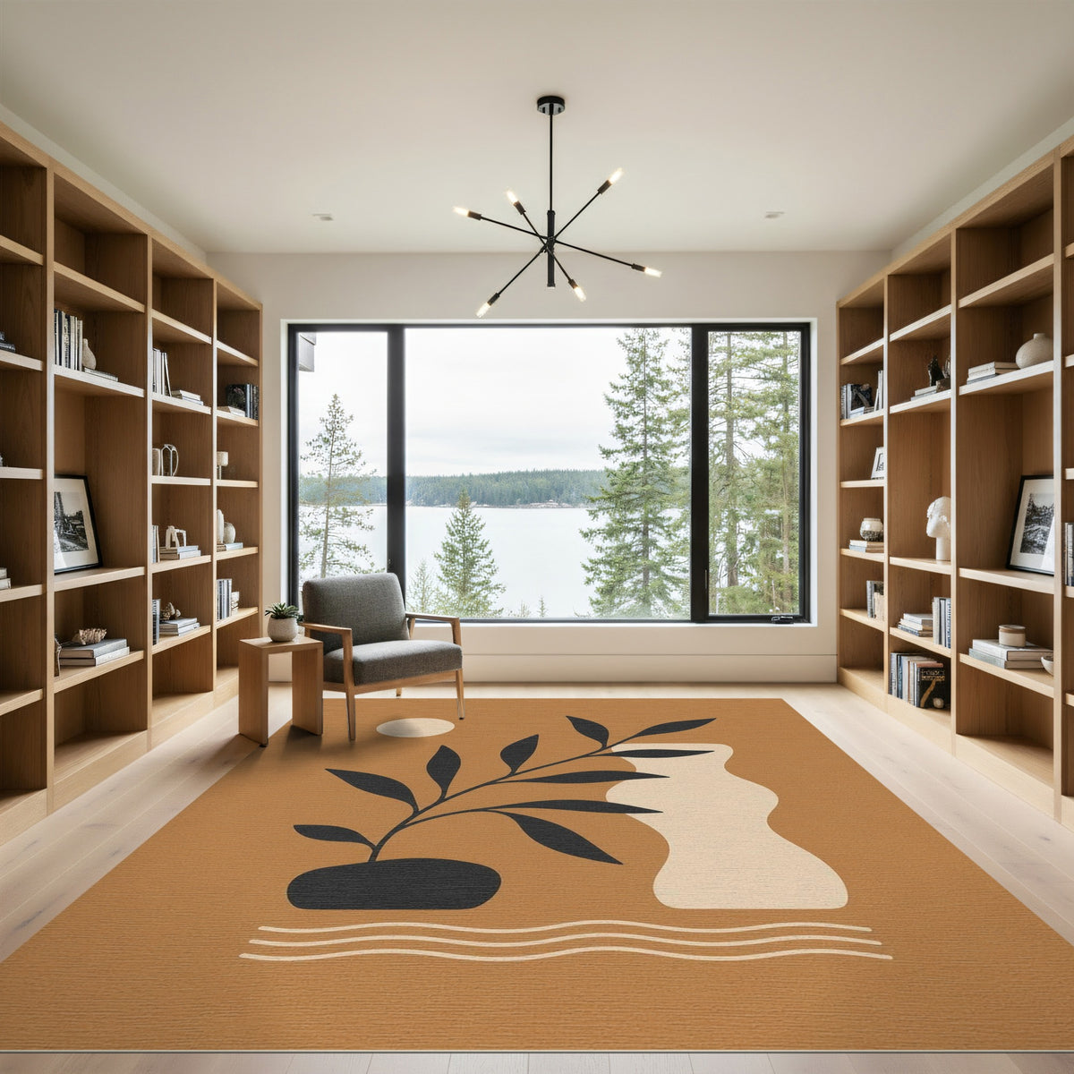 Abstract Plant Vase Area Rug in Brown Tan