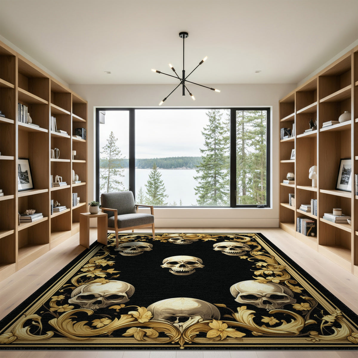 Ornate Gold Skull Floral Area Rug