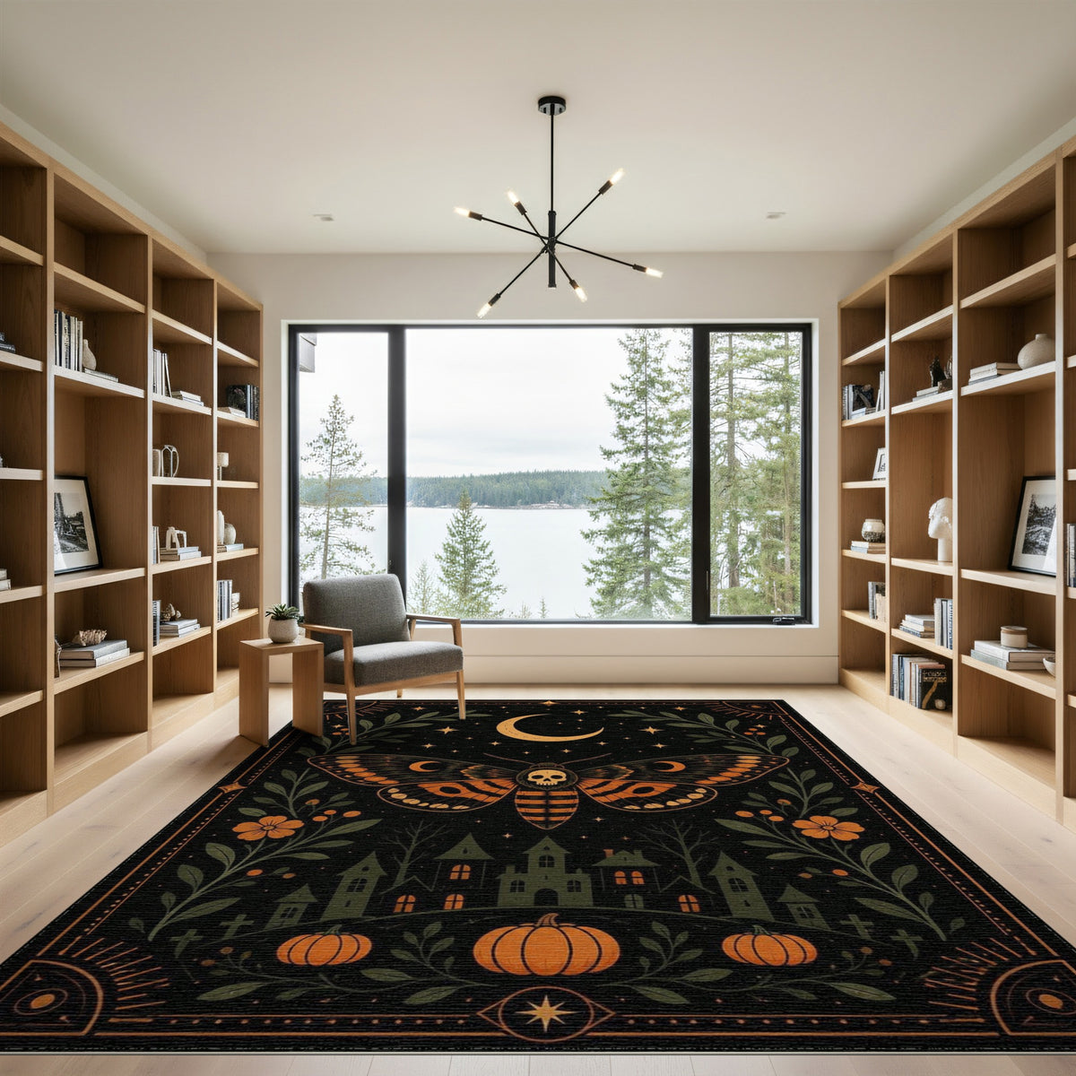 Midnight Skull Moth Orange Area Rug