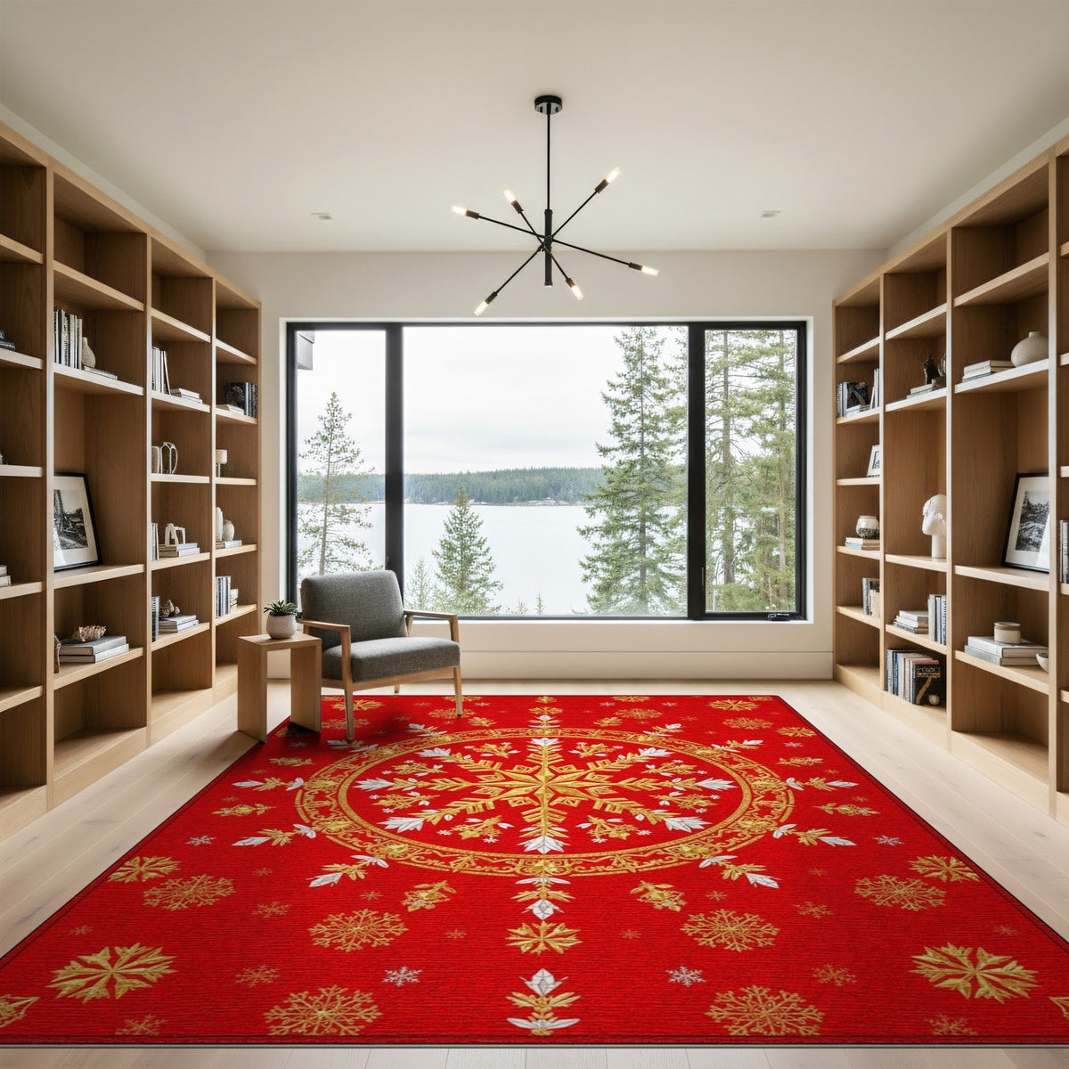 Red Gold Snowflake Medallion Area Rug