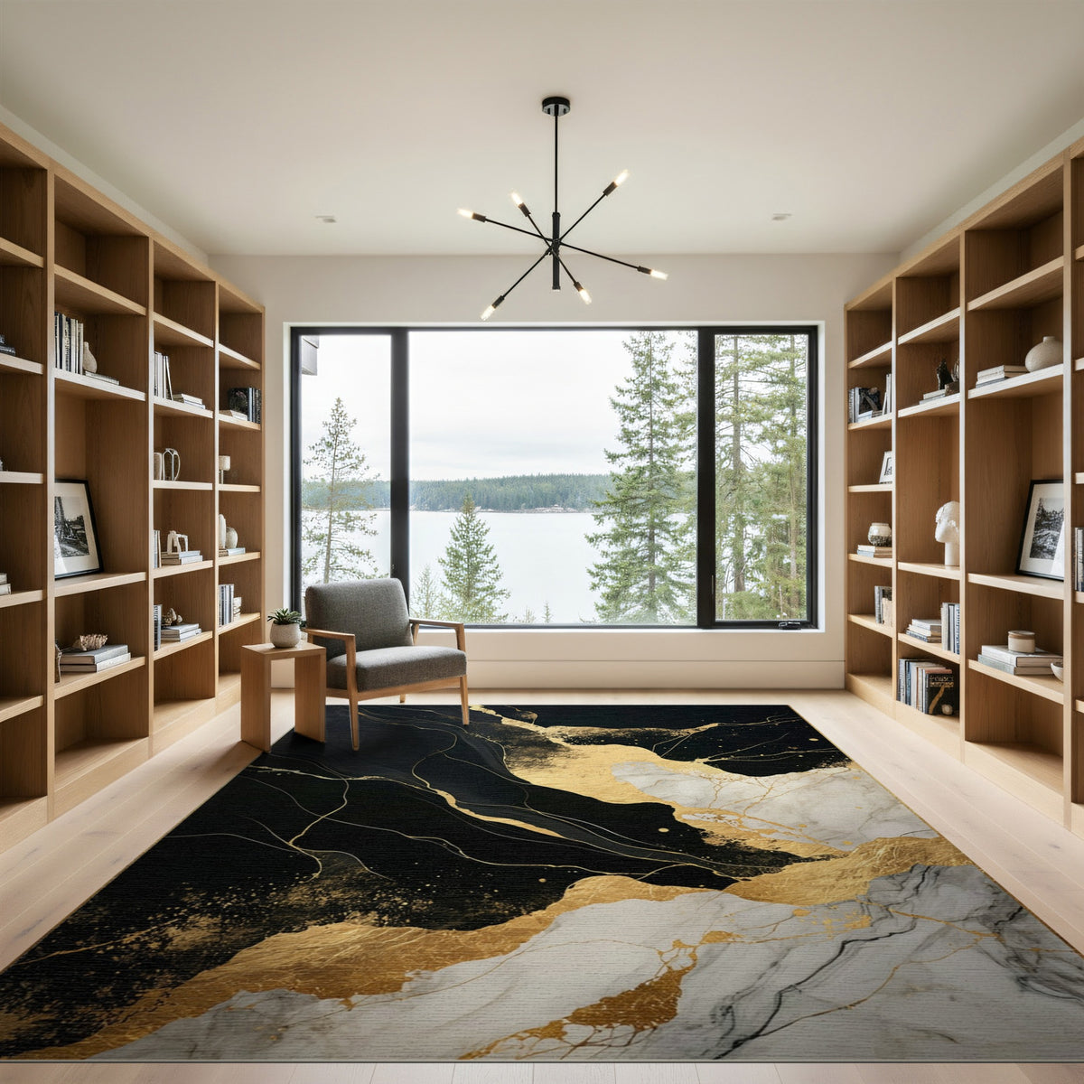 Black and White Black Gold Abstract Marble Area Rug