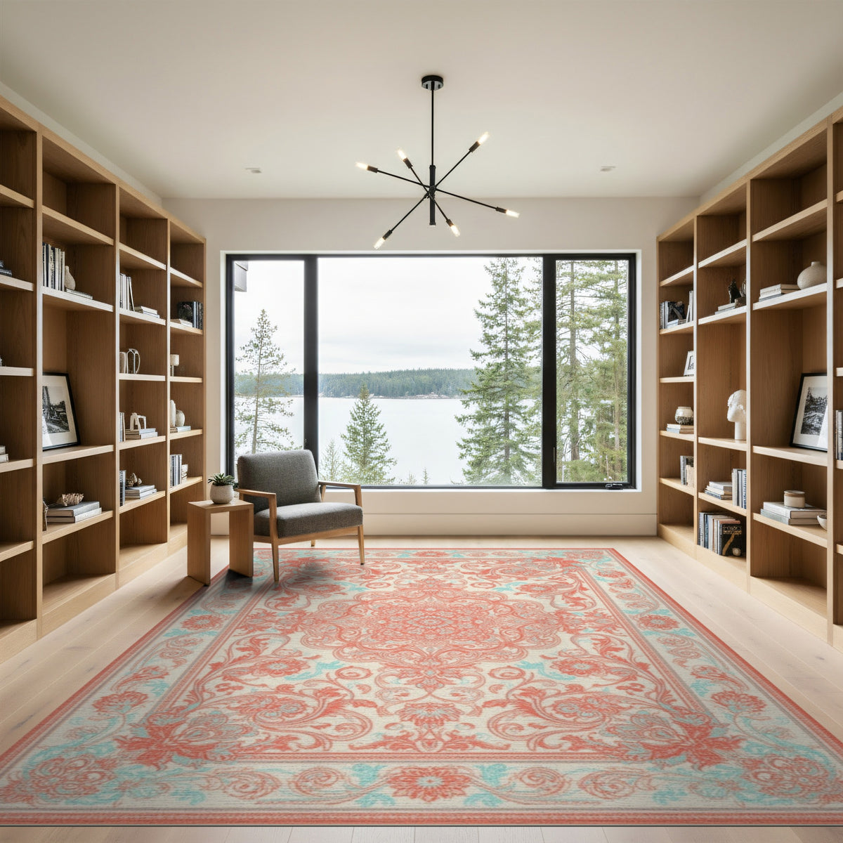 Coral and Teal Floral Medallion Area Rug