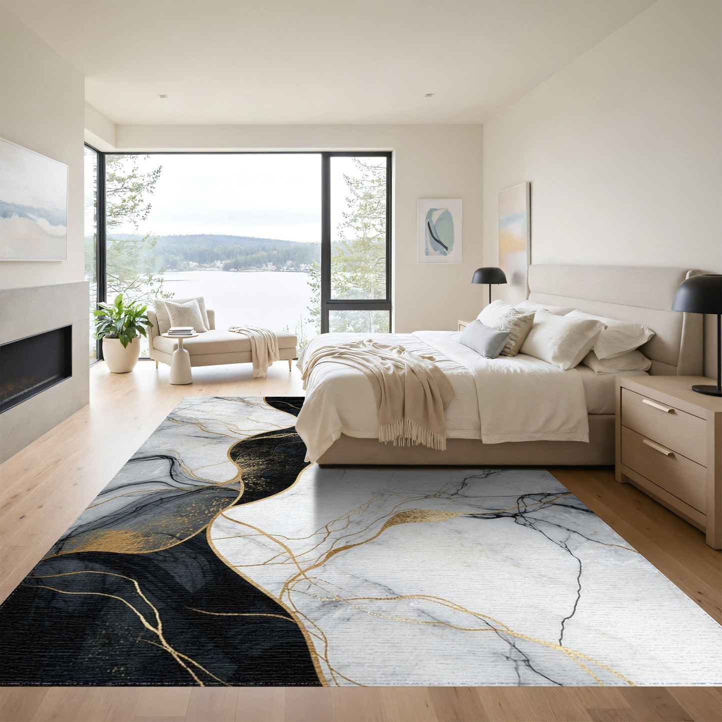 Black Gold Veined Marble Rug