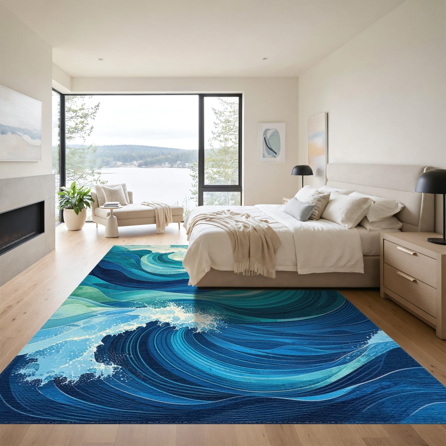 Teal Layered Ocean Waves Rug