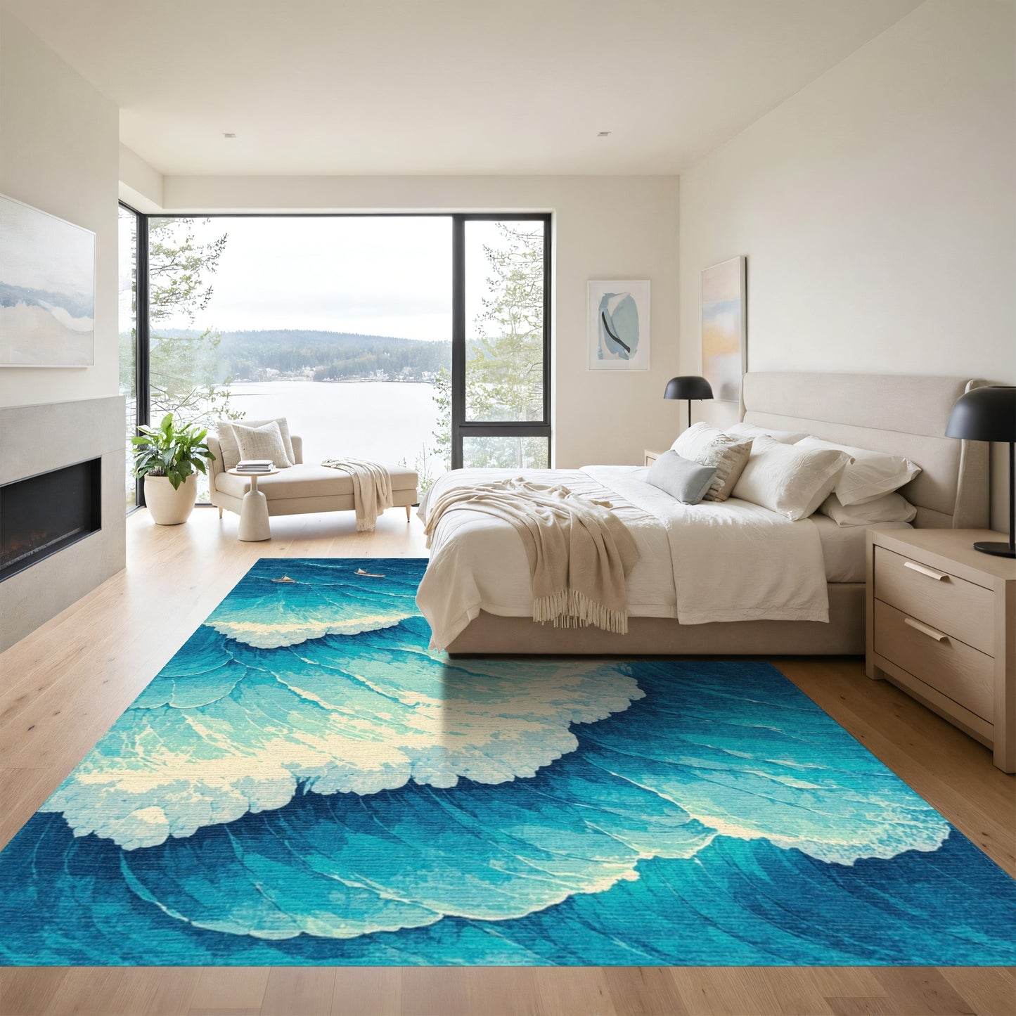 Navy Foamy Waves Sailboats Rug