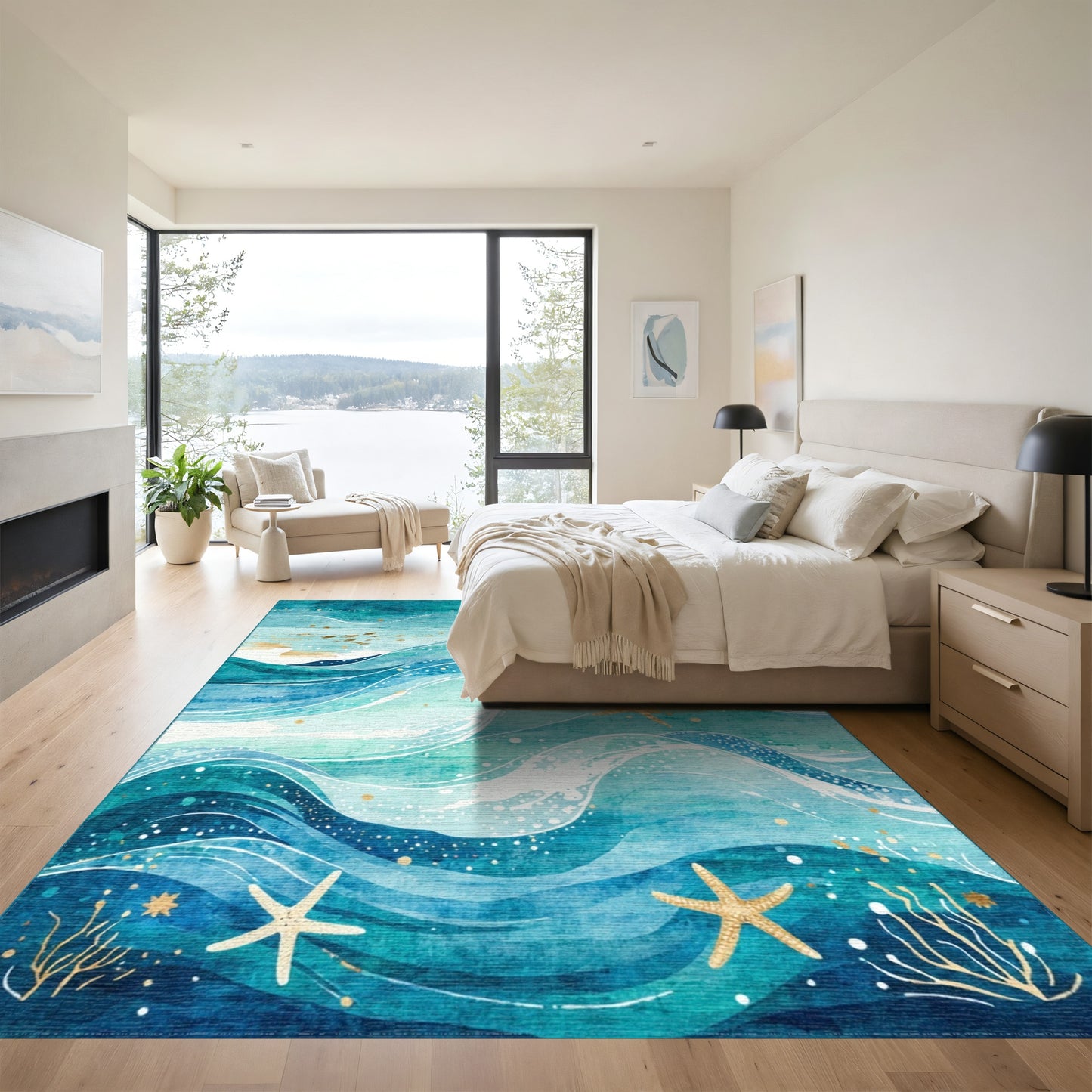 Teal Waves Gold Starfish Rug