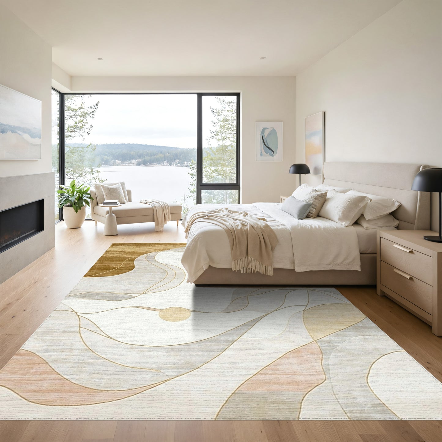 Abstract Golden Gray Waves Rug
