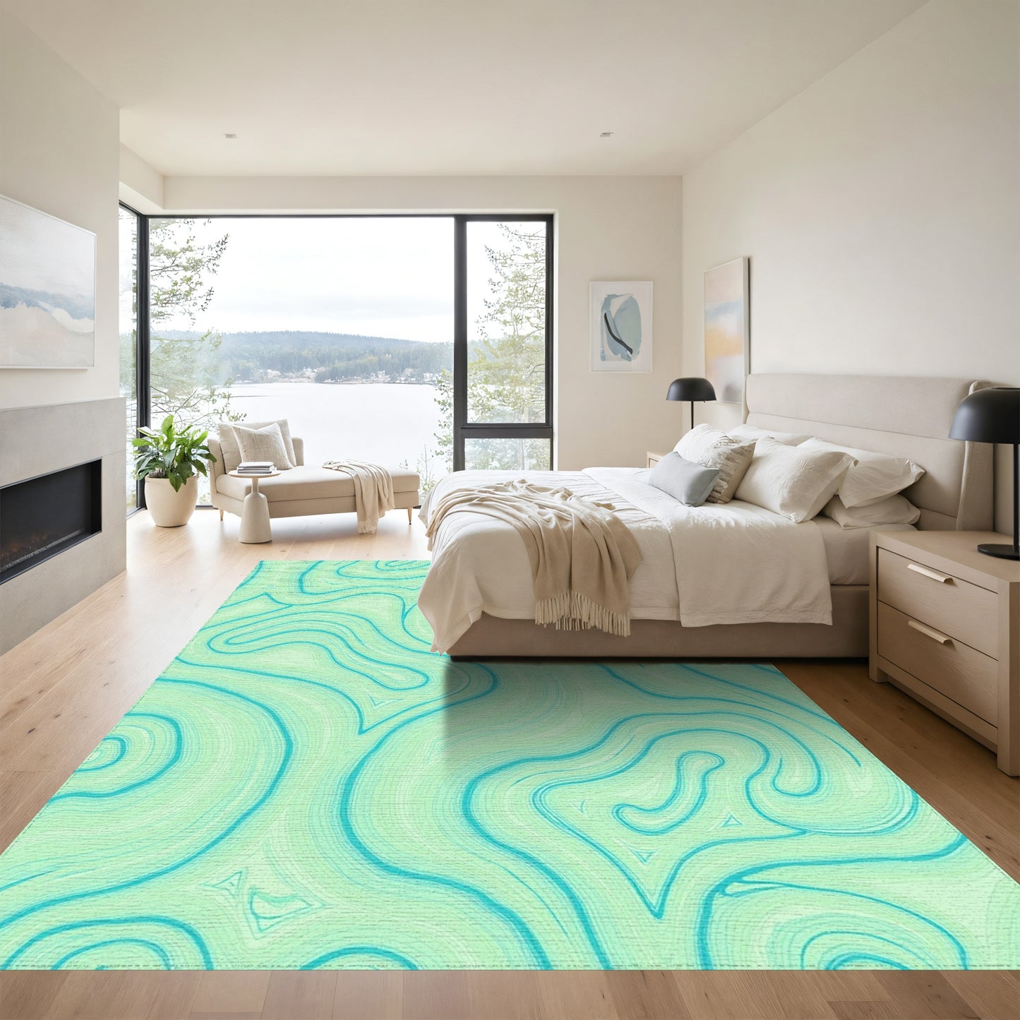 Teal Swirling Fluid Waves Rug