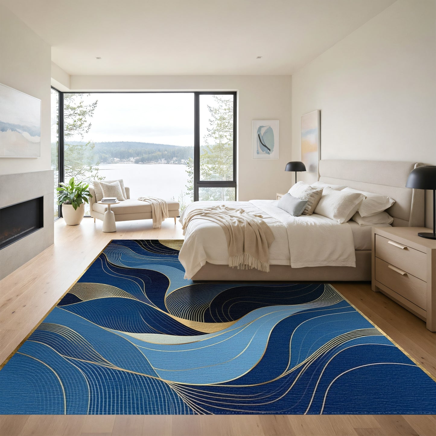 Navy Gold Waves Crescent Moon Rug