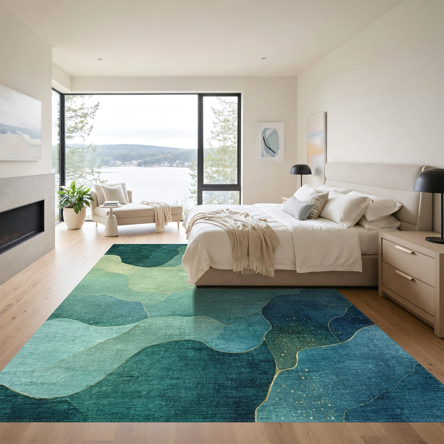 Teal Fluid Wave Abstract Rug