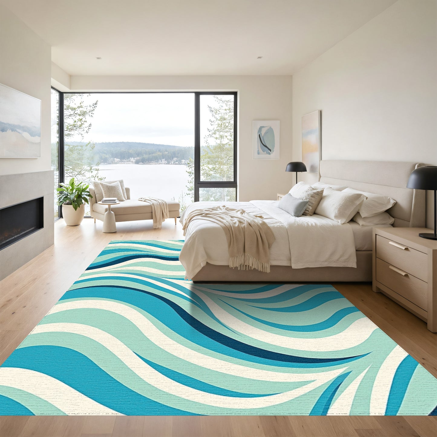Teal Navy Abstract Wave Rug
