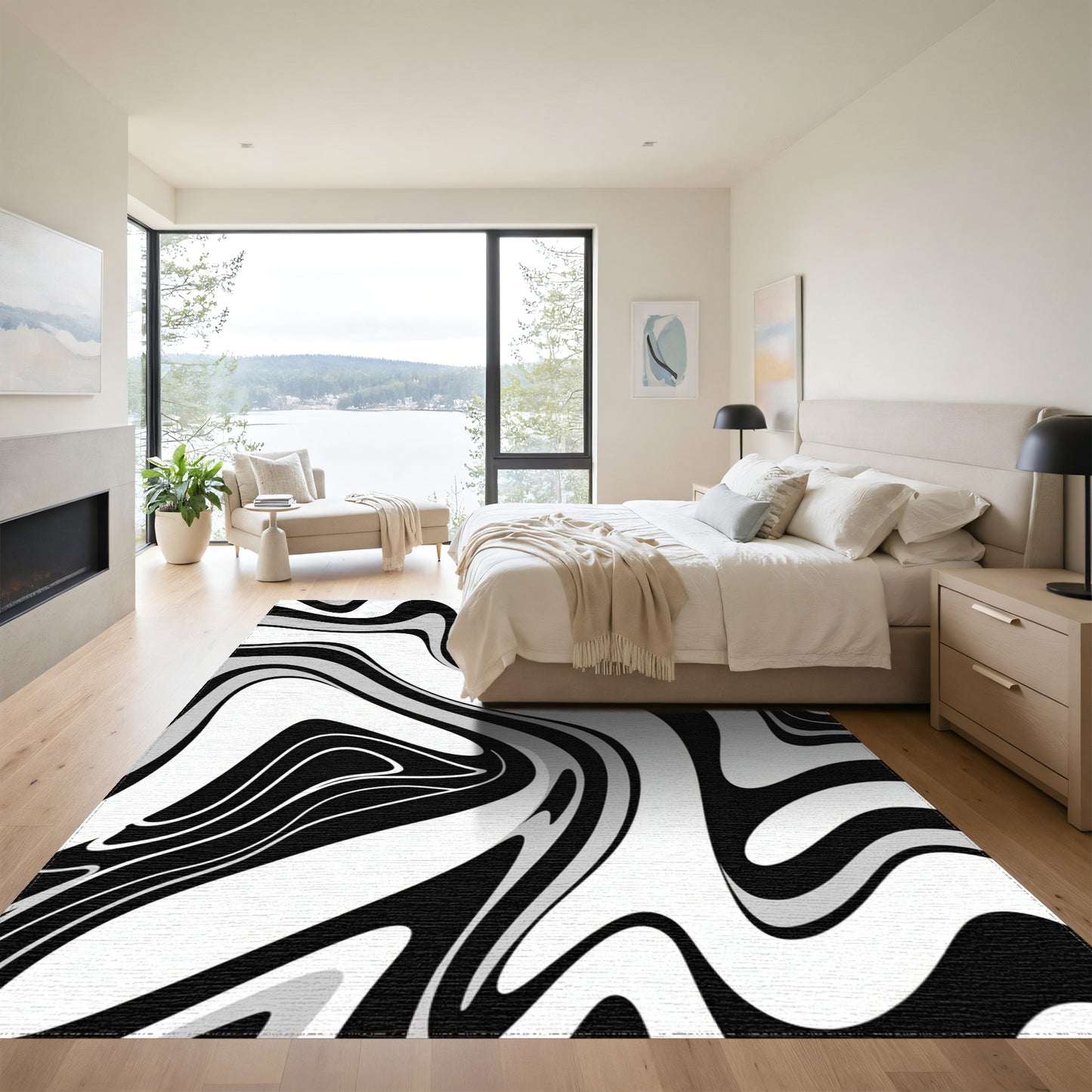 Black Gray Fluid Wave Rug