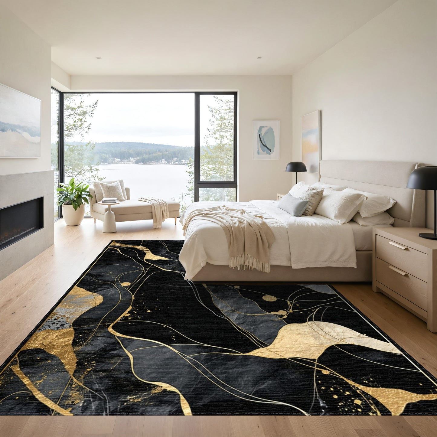 Black Gold Fluid Abstract Rug