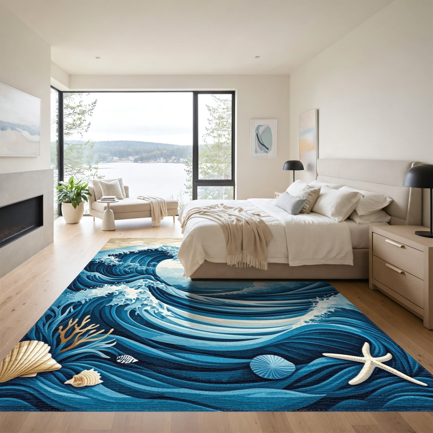 Blue Crashing Wave Moon Birds Rug