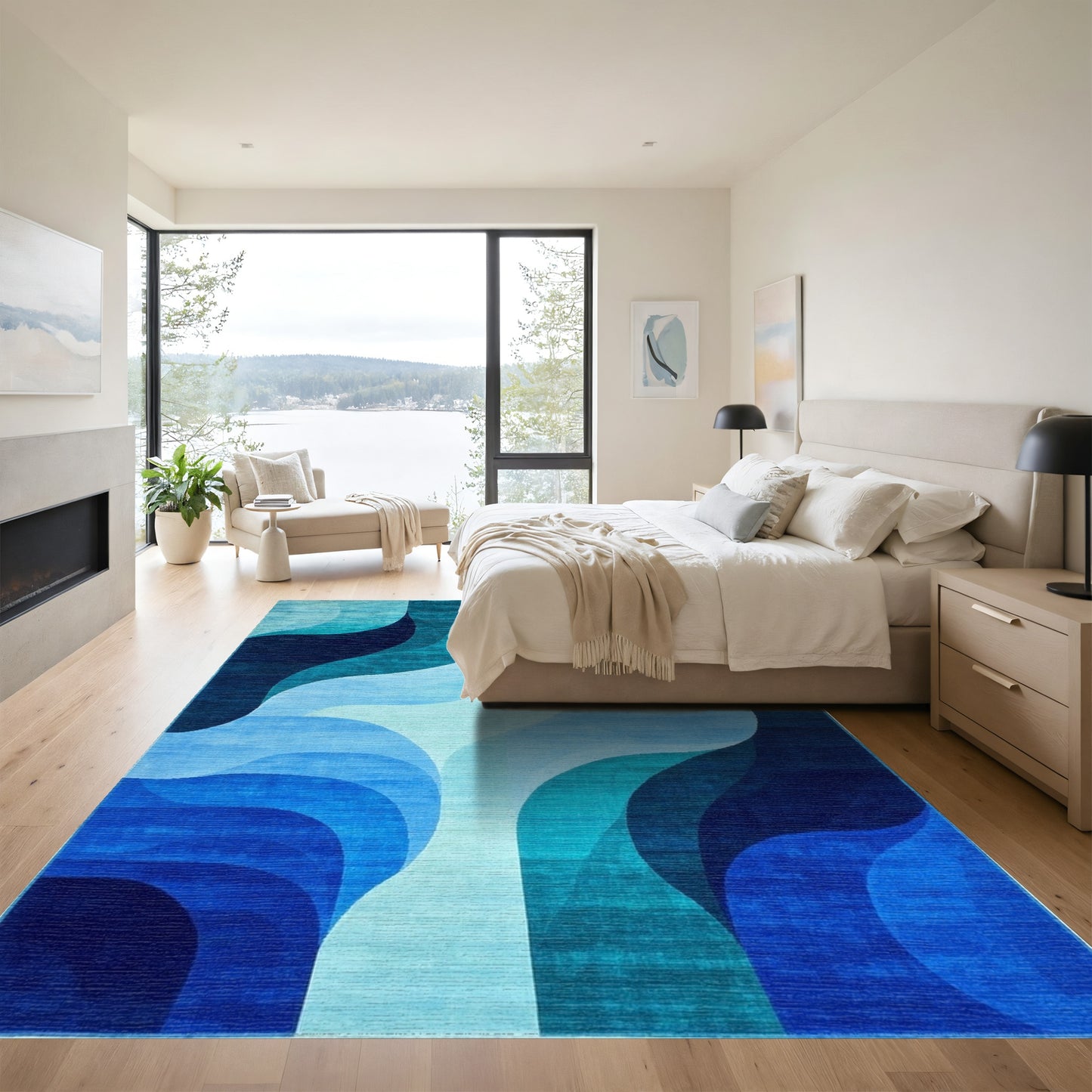 Teal Blue Abstract Wave Rug