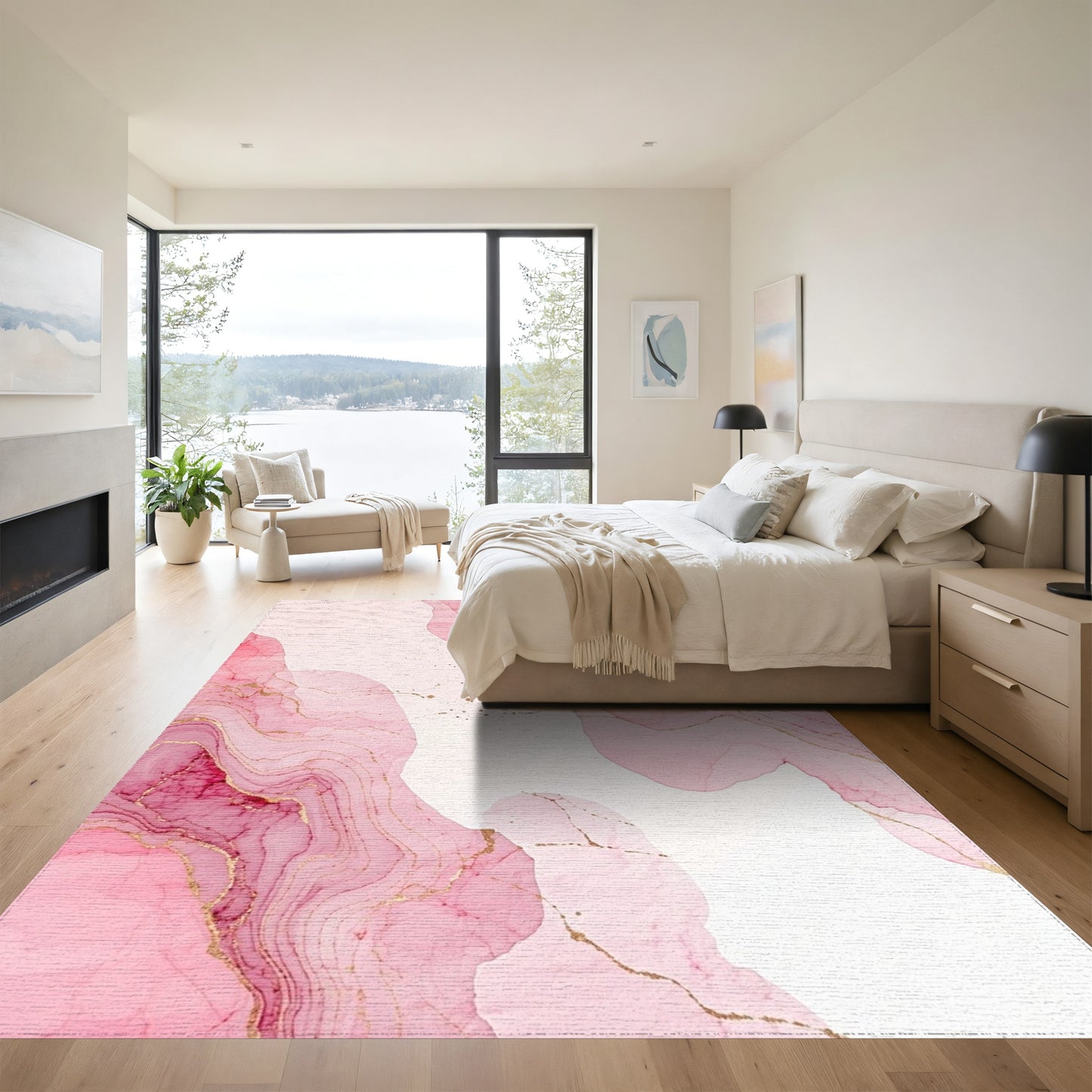 Pink Gold Fluid Marble Waves Rug